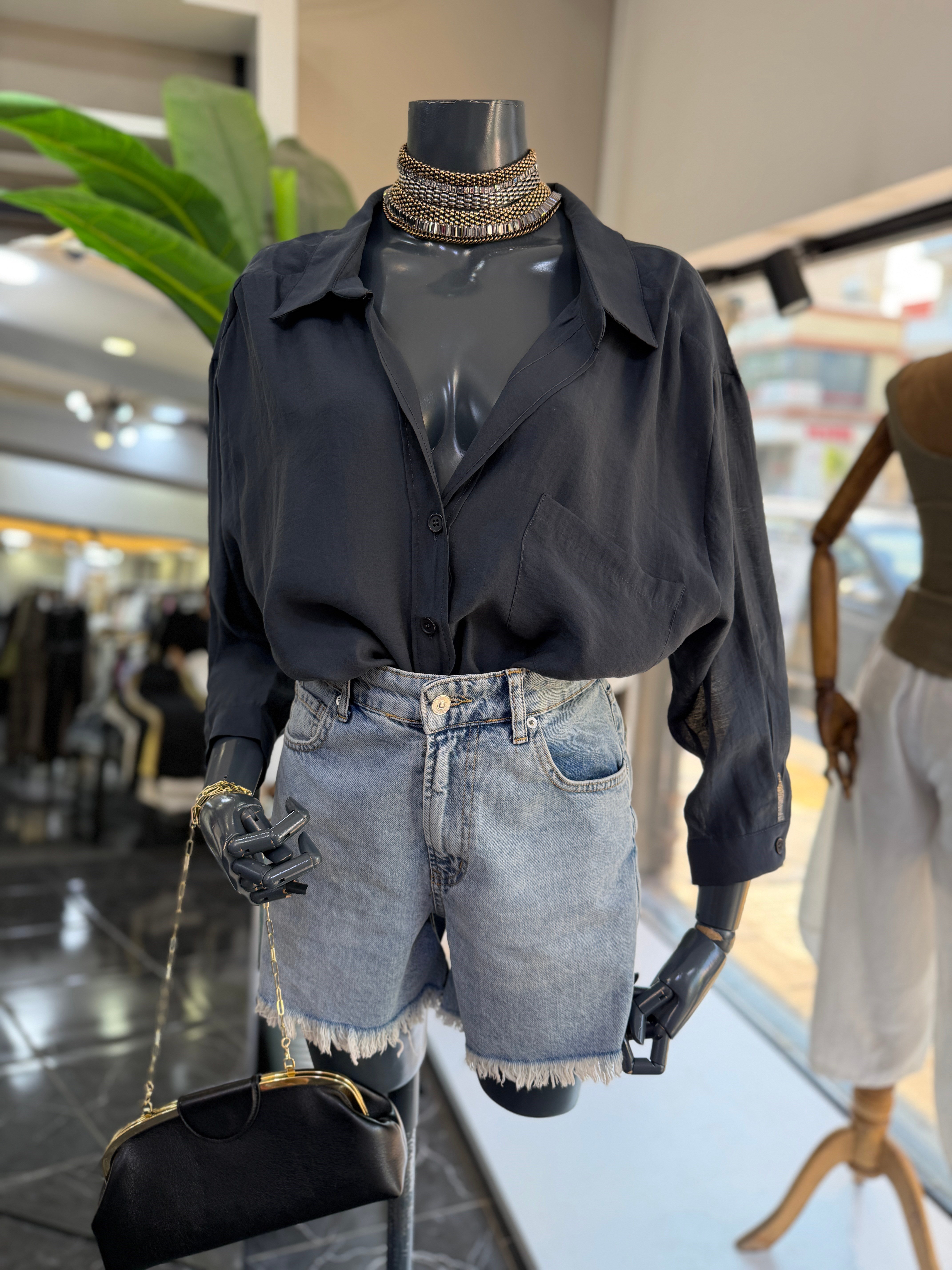 Füme Düşük Omuz Oversize Gömlek
