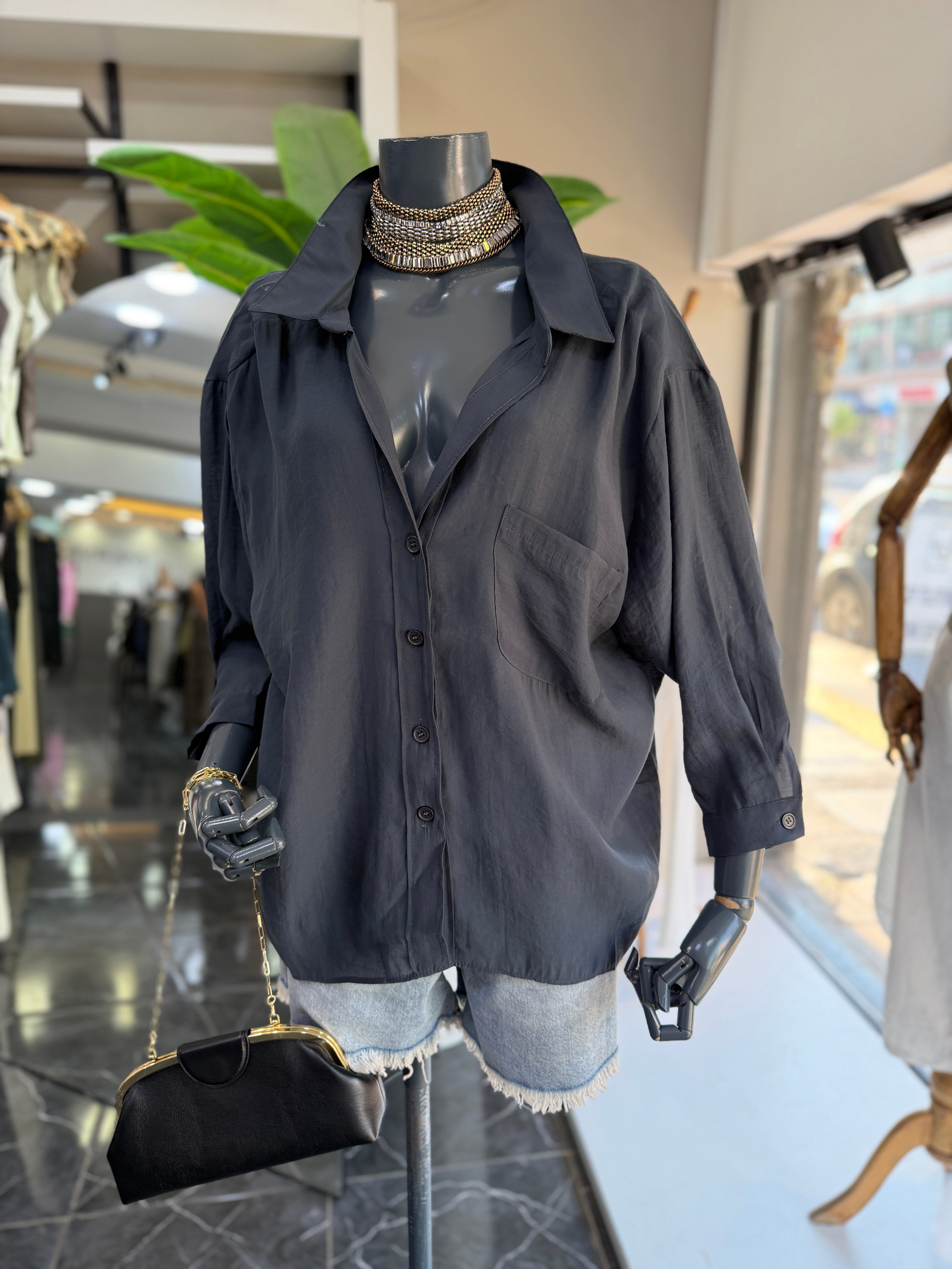 Füme Düşük Omuz Oversize Gömlek