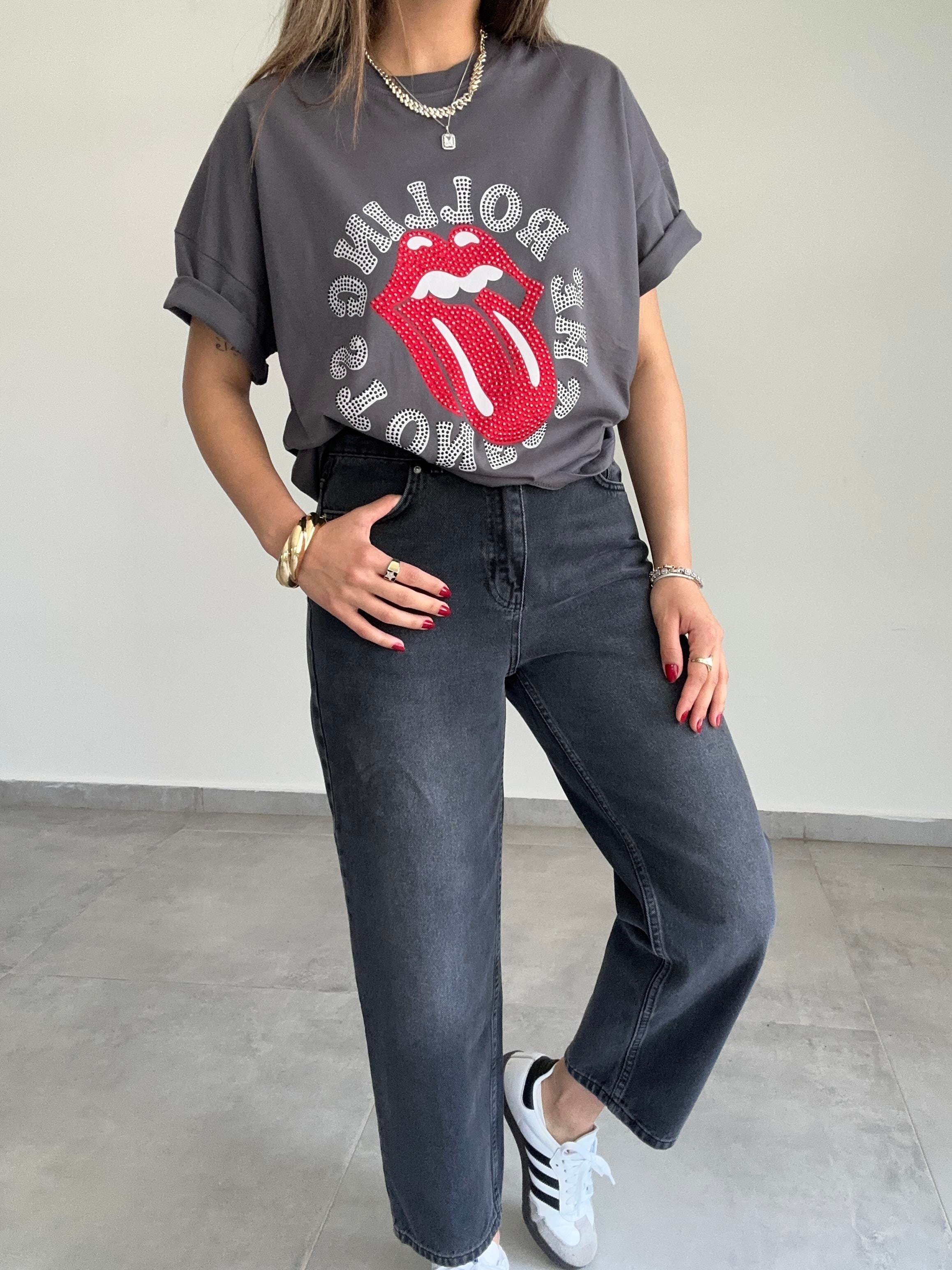 Füme Taş Baskılı Tişört