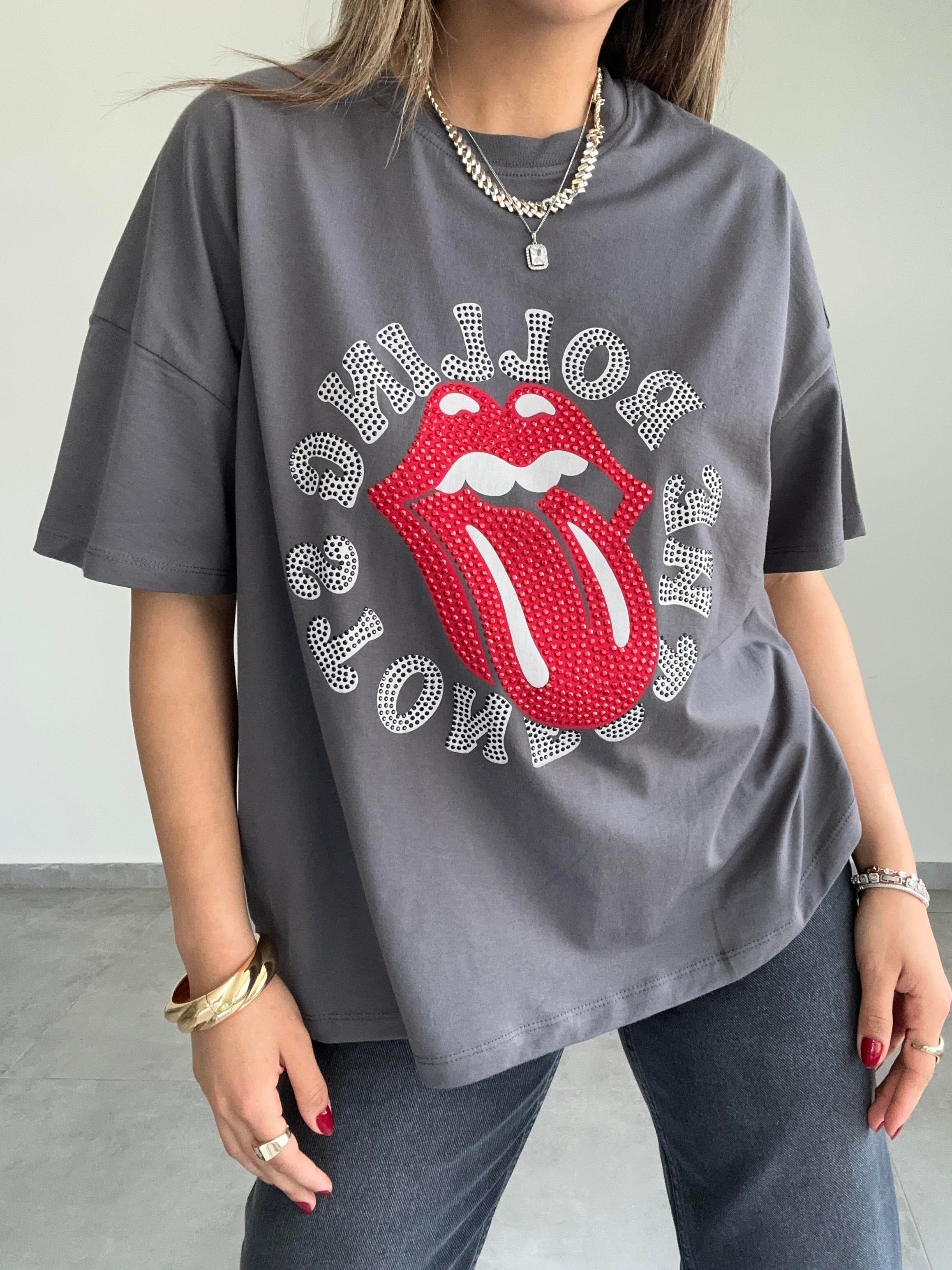 Füme Taş Baskılı Tişört