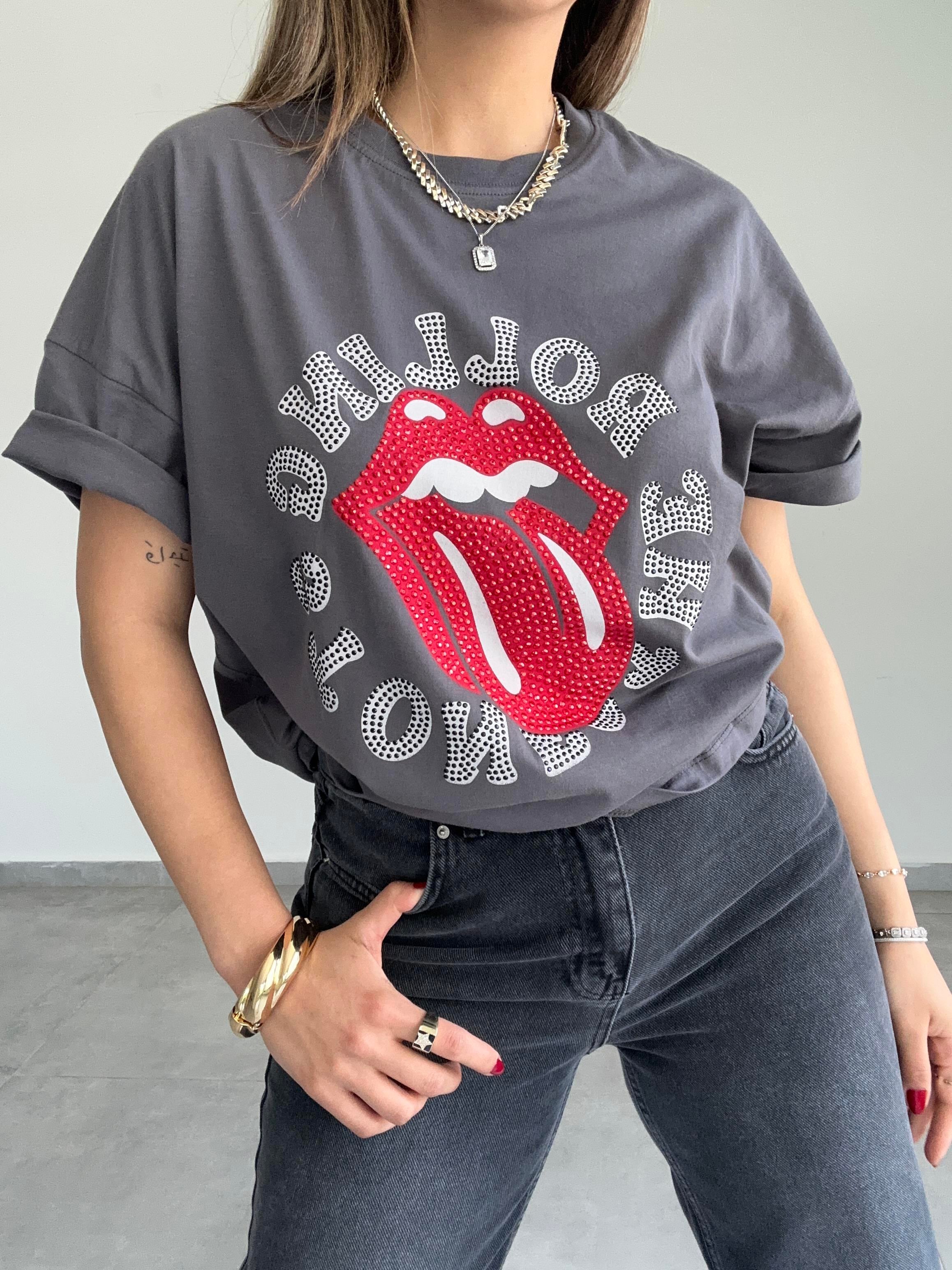 Füme Taş Baskılı Tişört