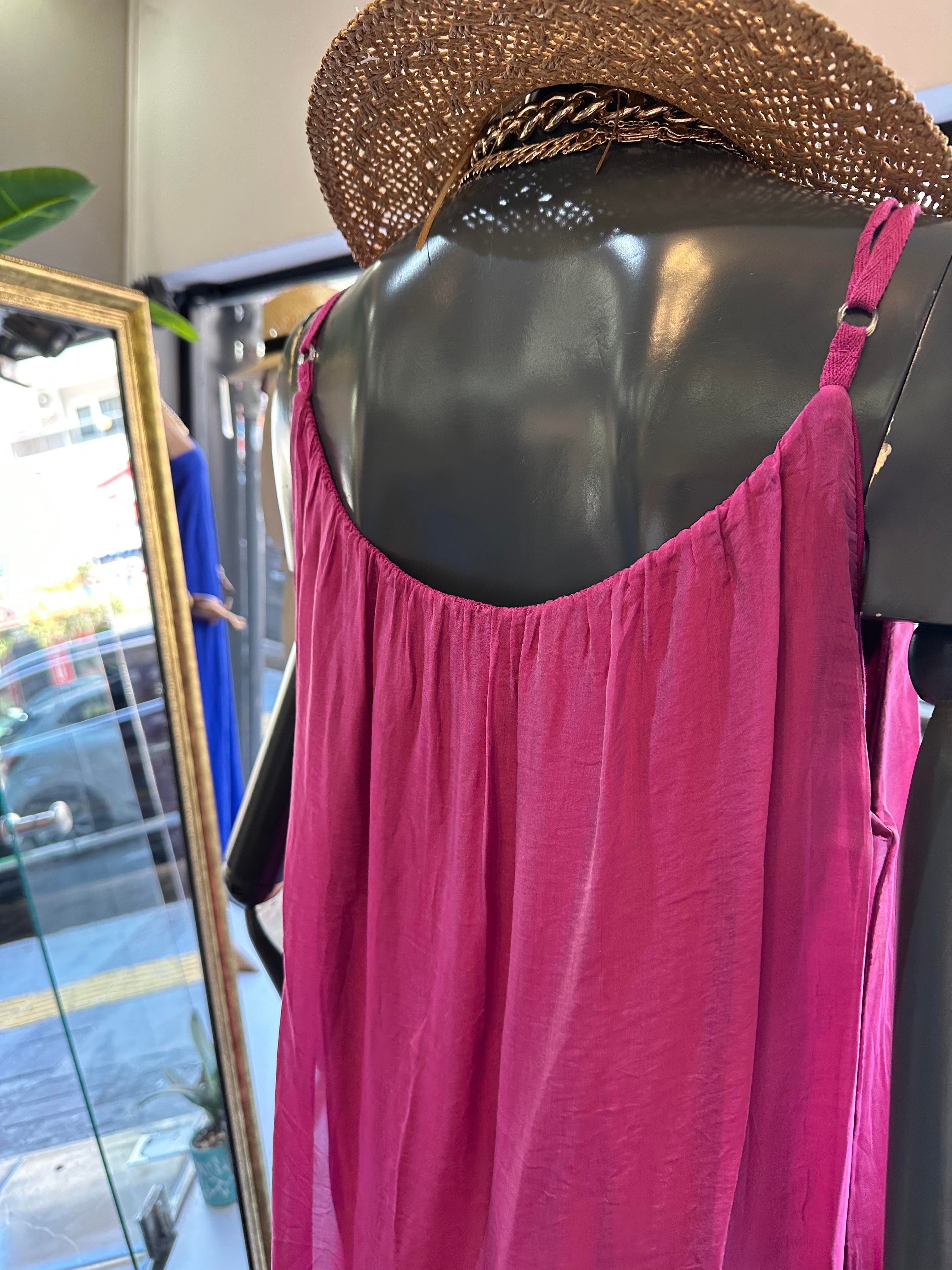 Fuşya İpek Saten İthal Elbise