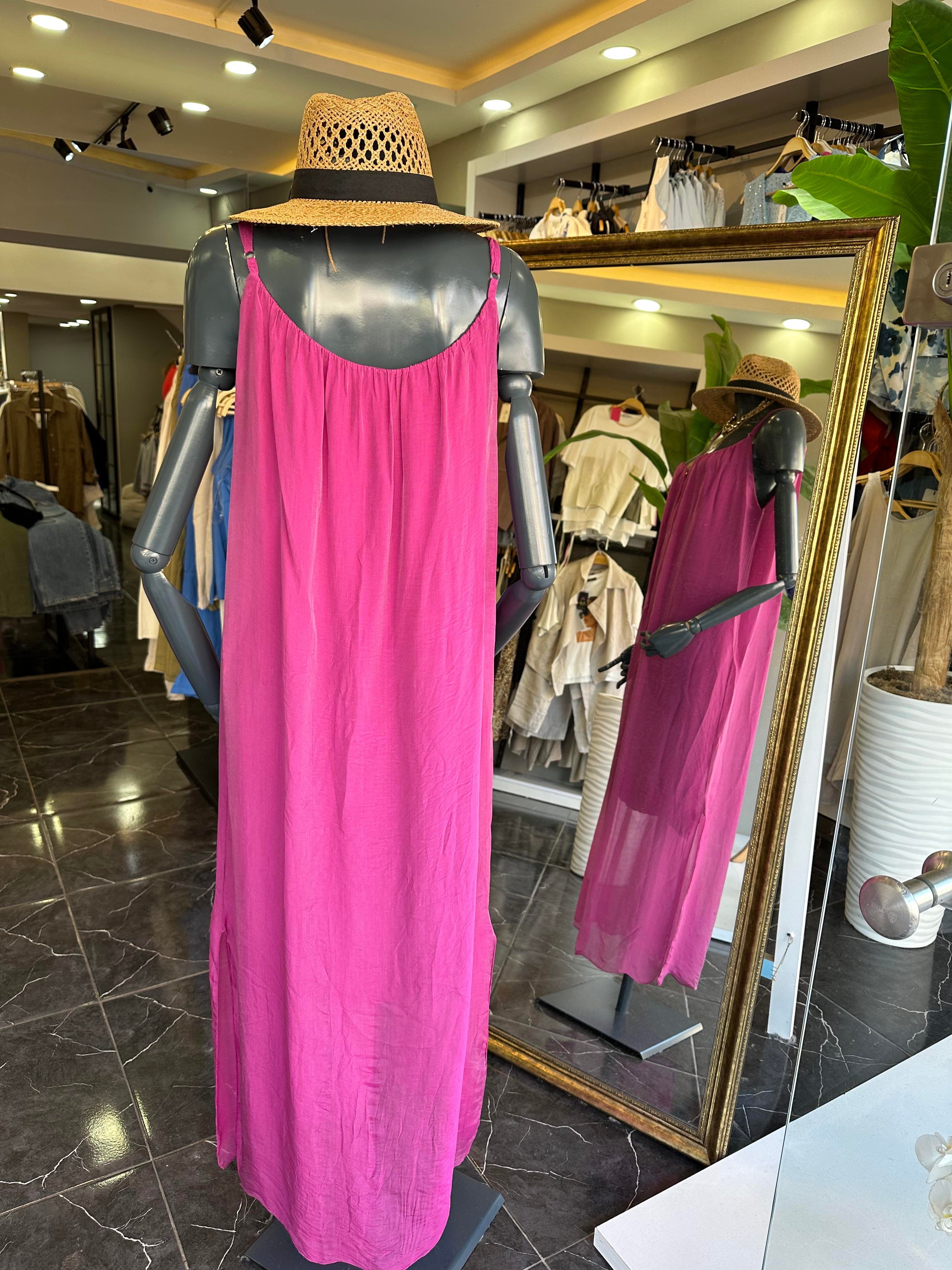 Fuşya İpek Saten İthal Elbise