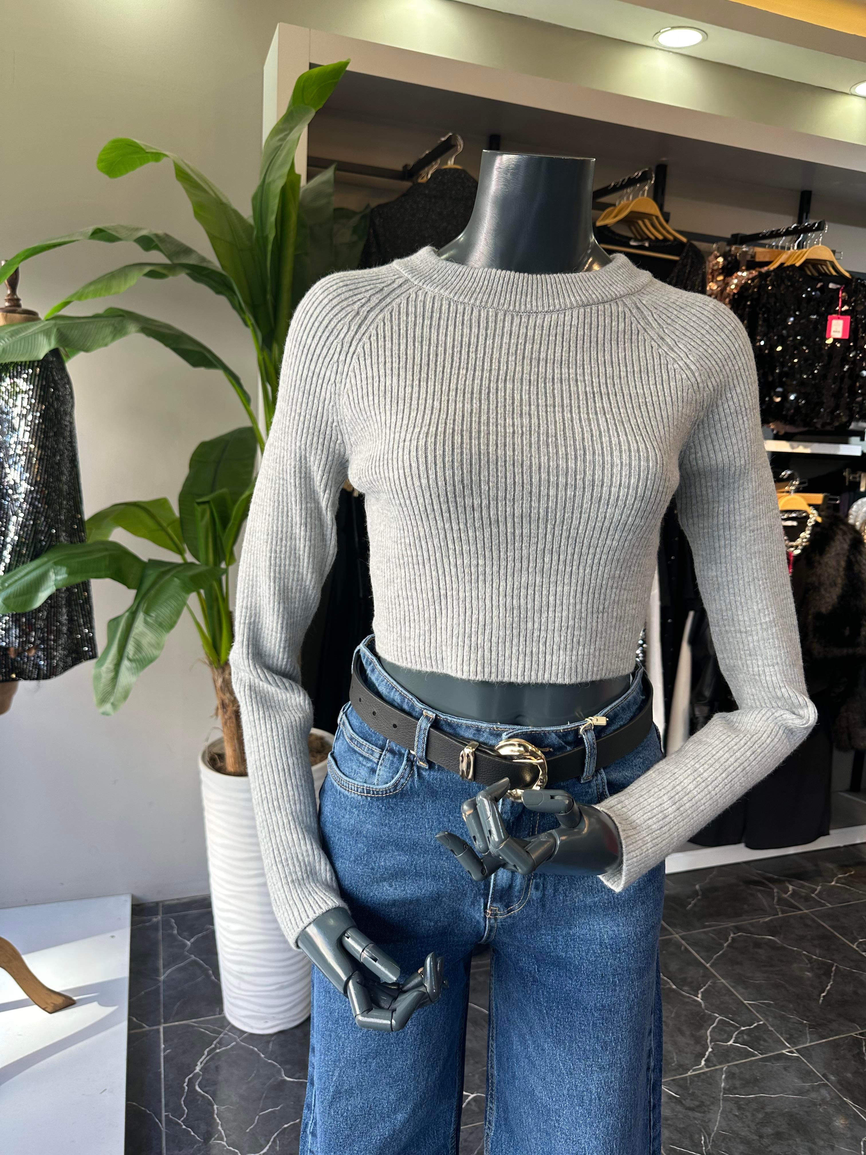 Gri Basic Crop Triko Kazak