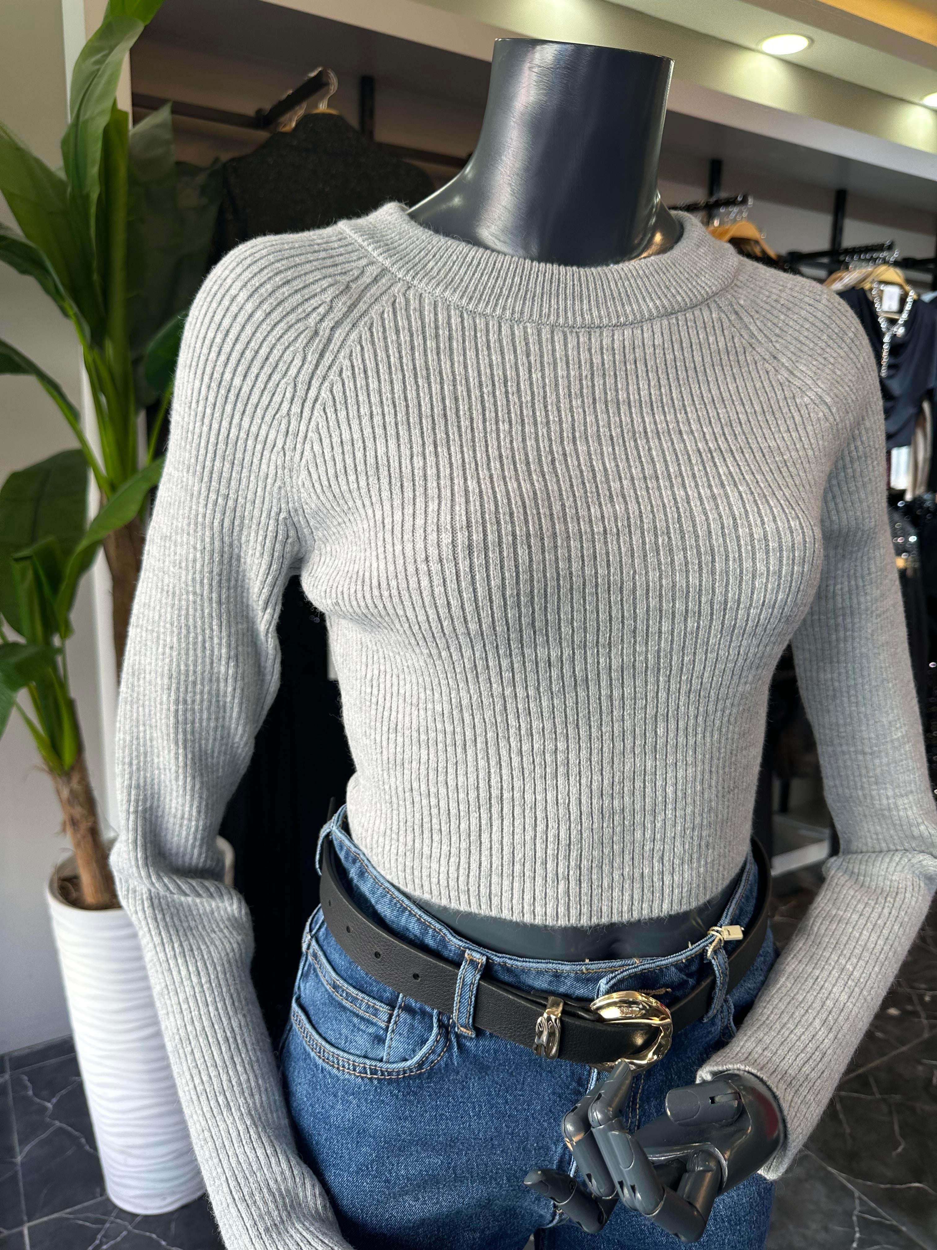 Gri Basic Crop Triko Kazak