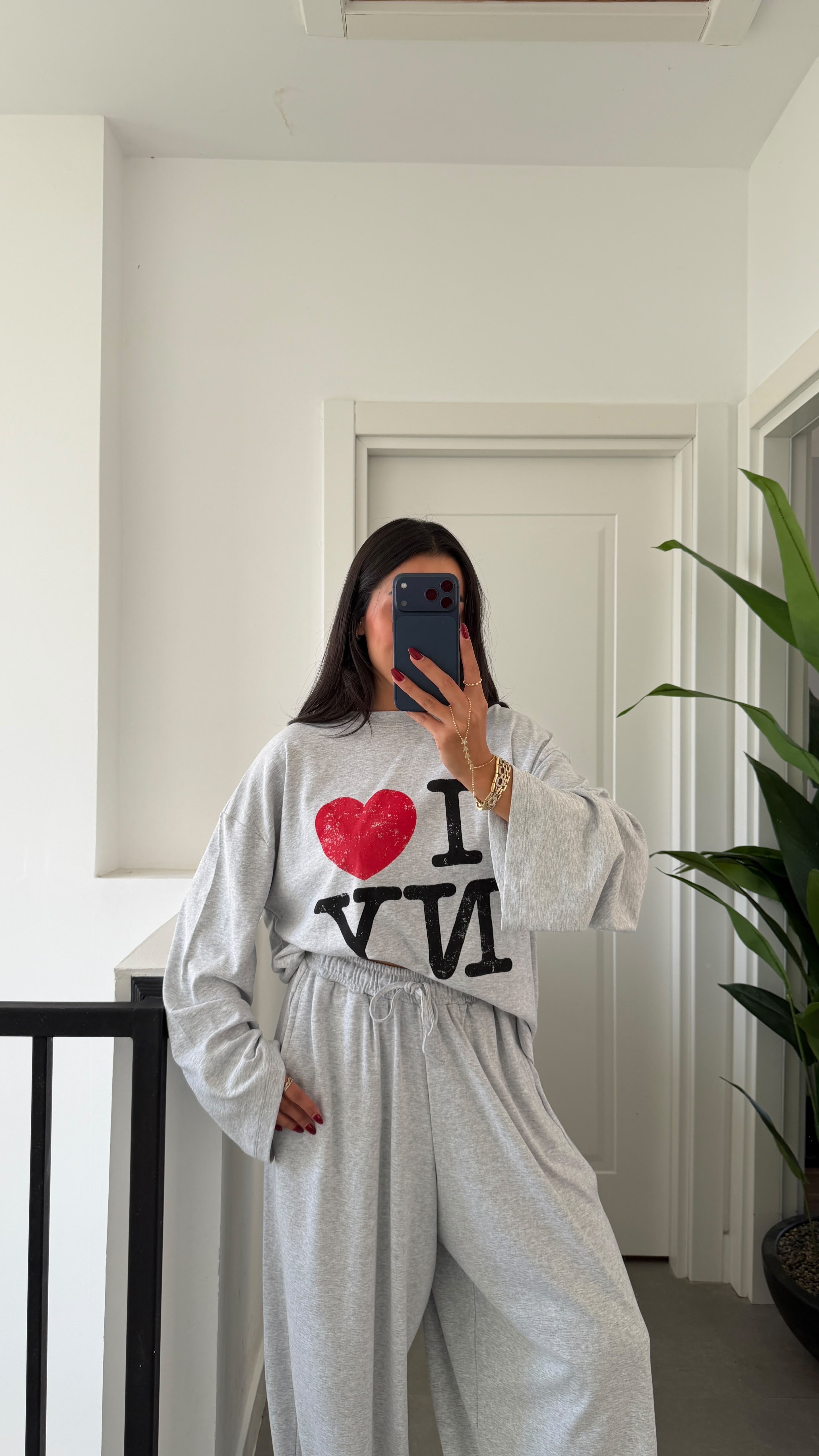 Gri Baskılı Uzun Kollu Basic Tshirt