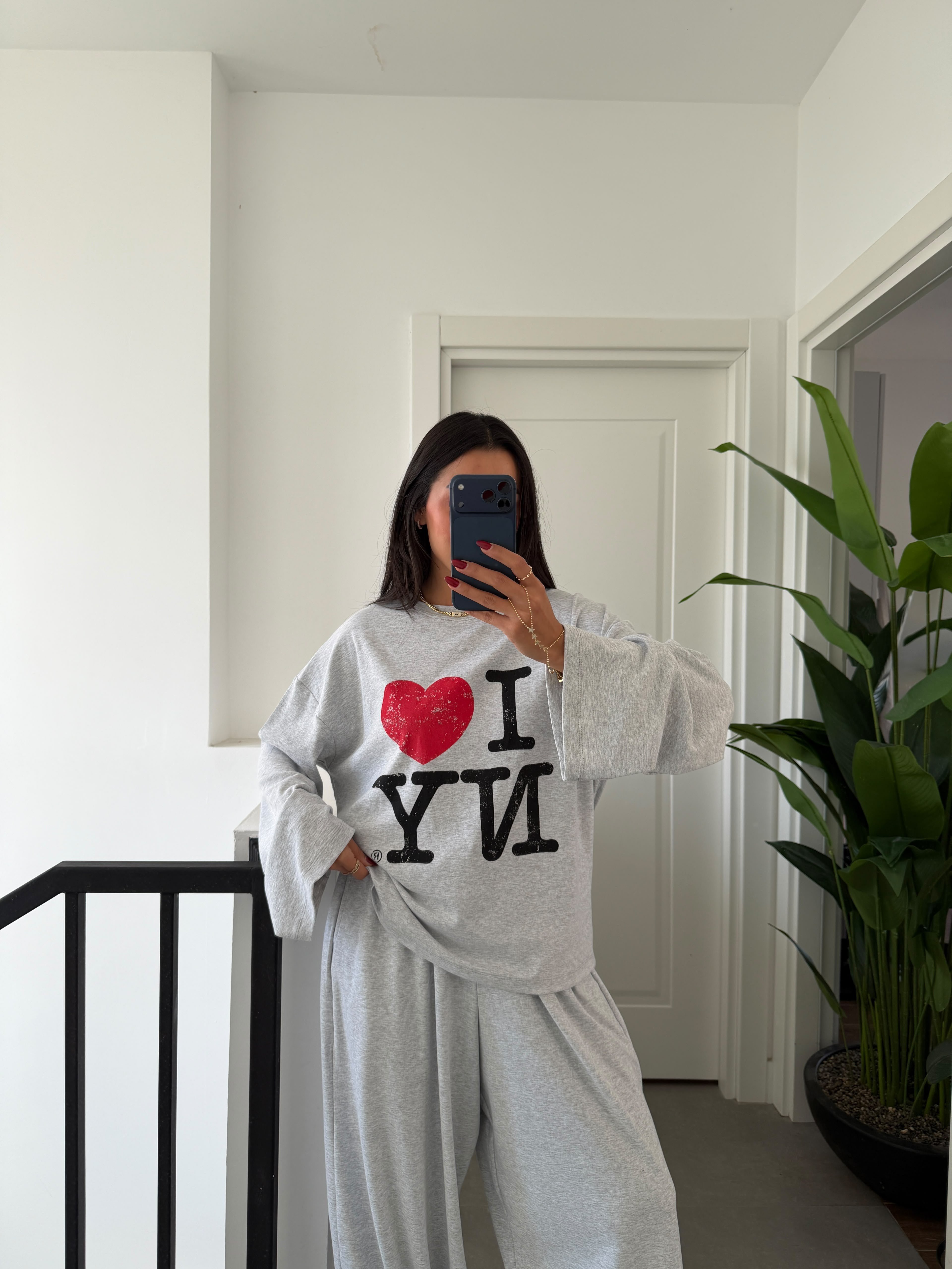 Gri Baskılı Uzun Kollu Basic Tshirt