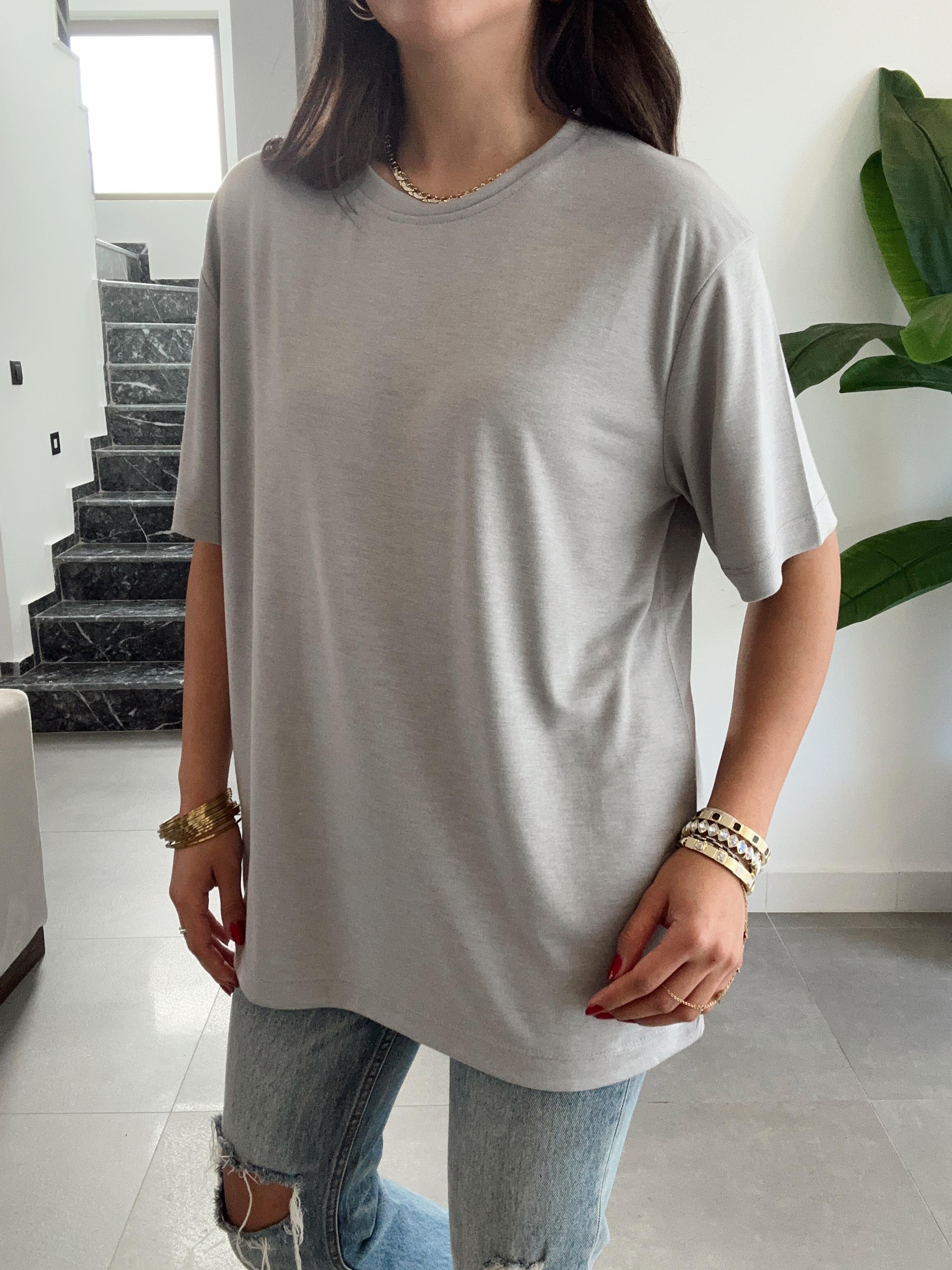 Gri Bisiklet Yaka Oversize Tshirt