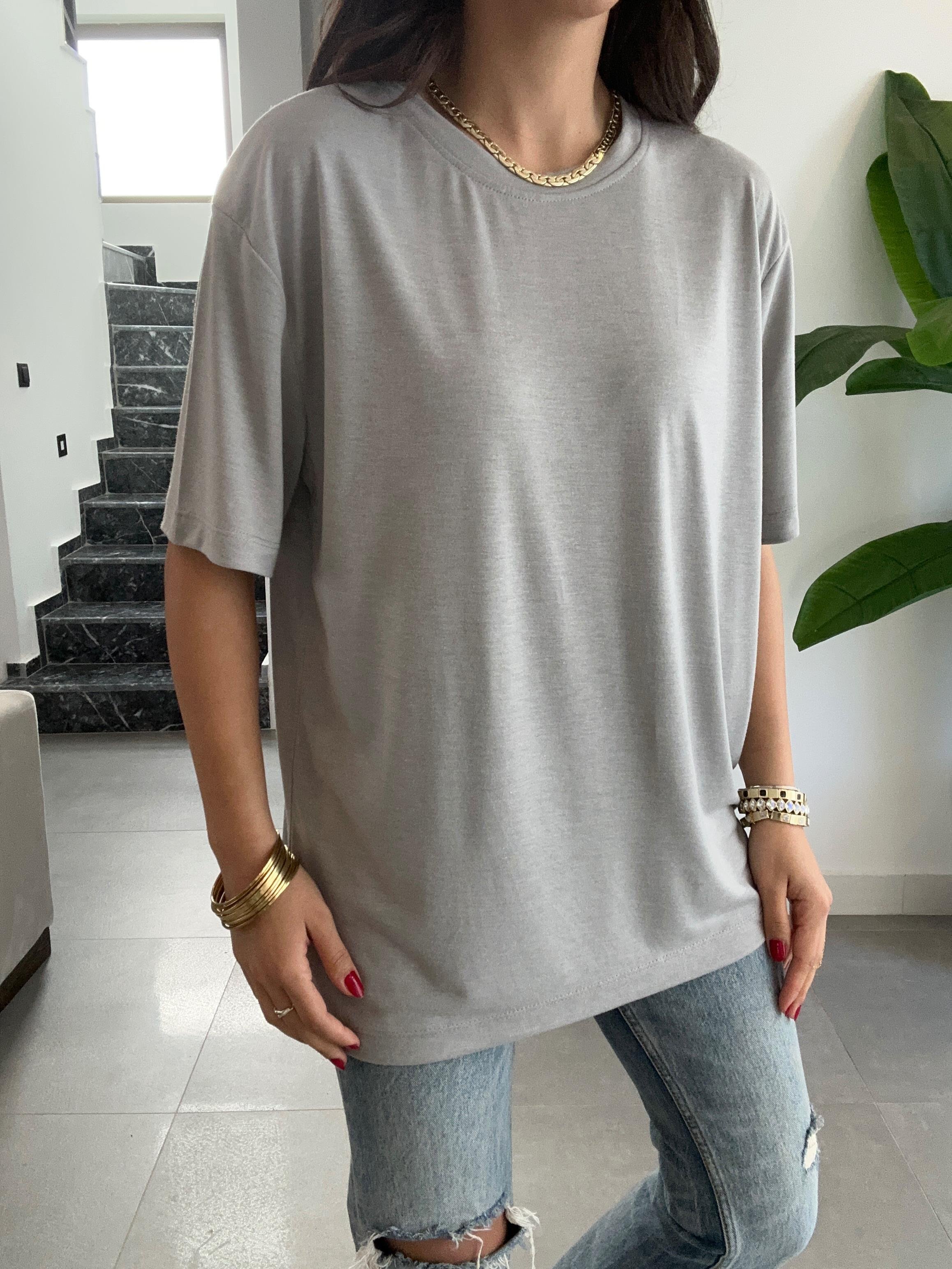 Gri Bisiklet Yaka Oversize Tshirt