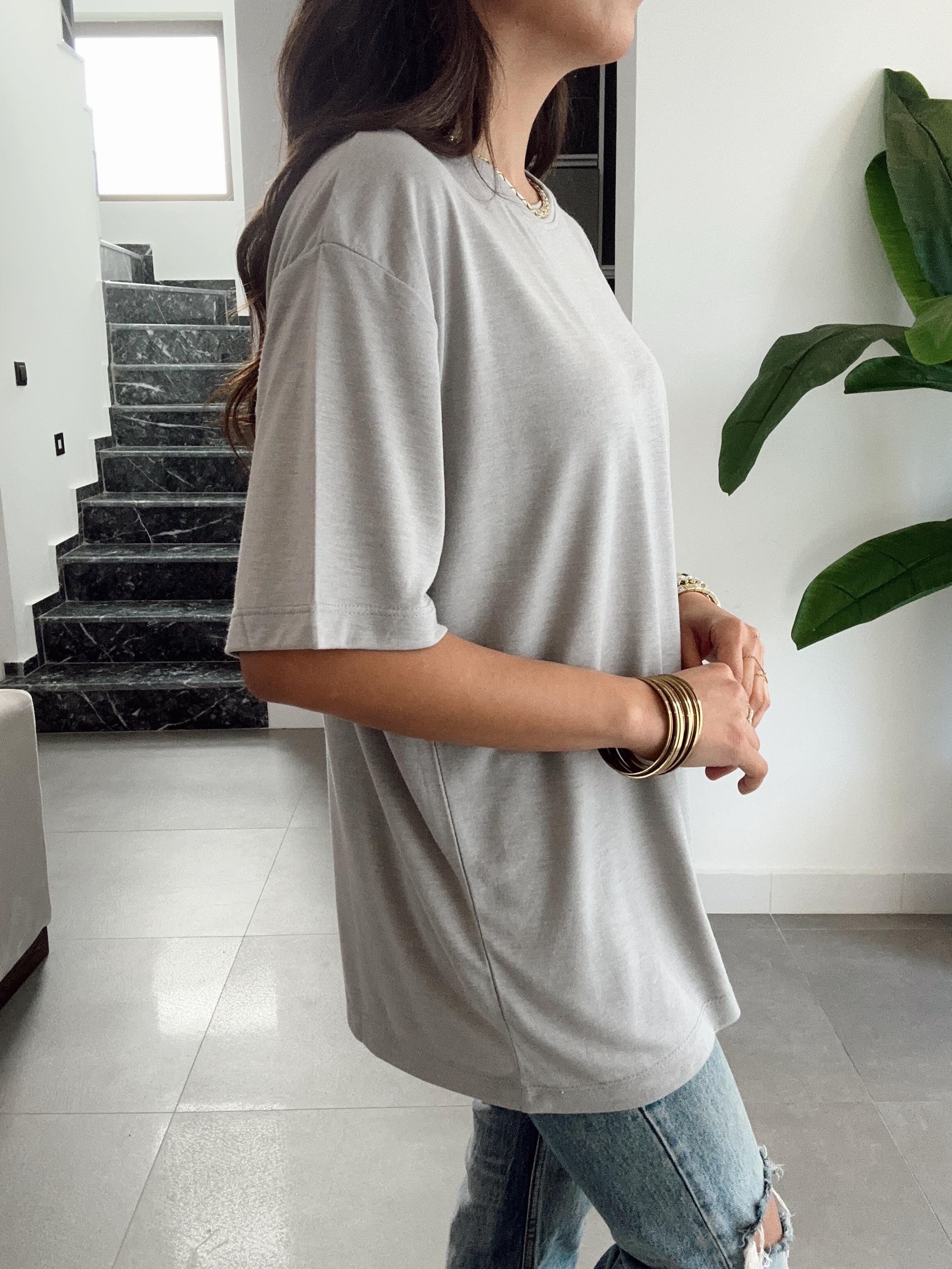 Gri Bisiklet Yaka Oversize Tshirt