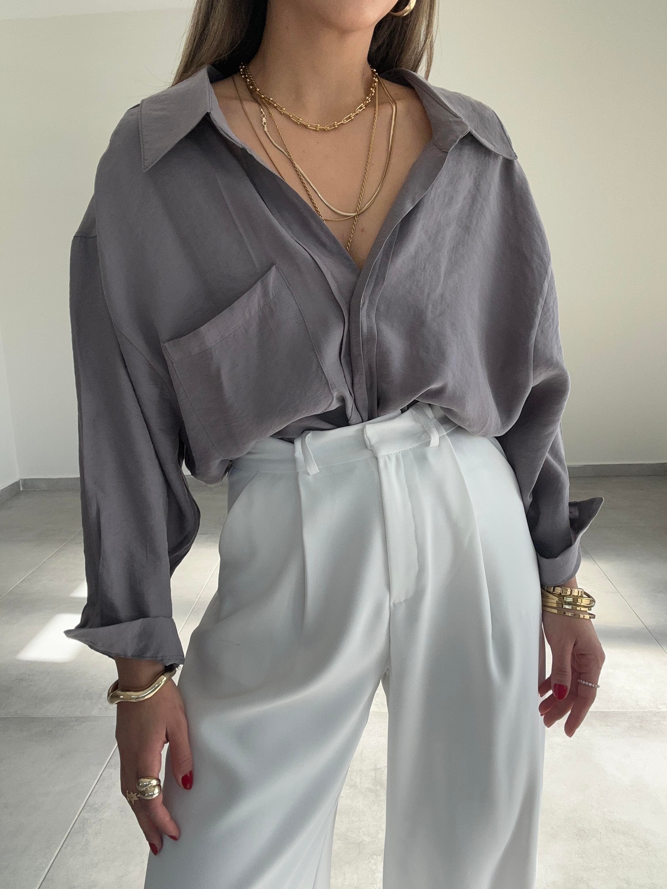 Gri  Düşük Omuz Gömlek