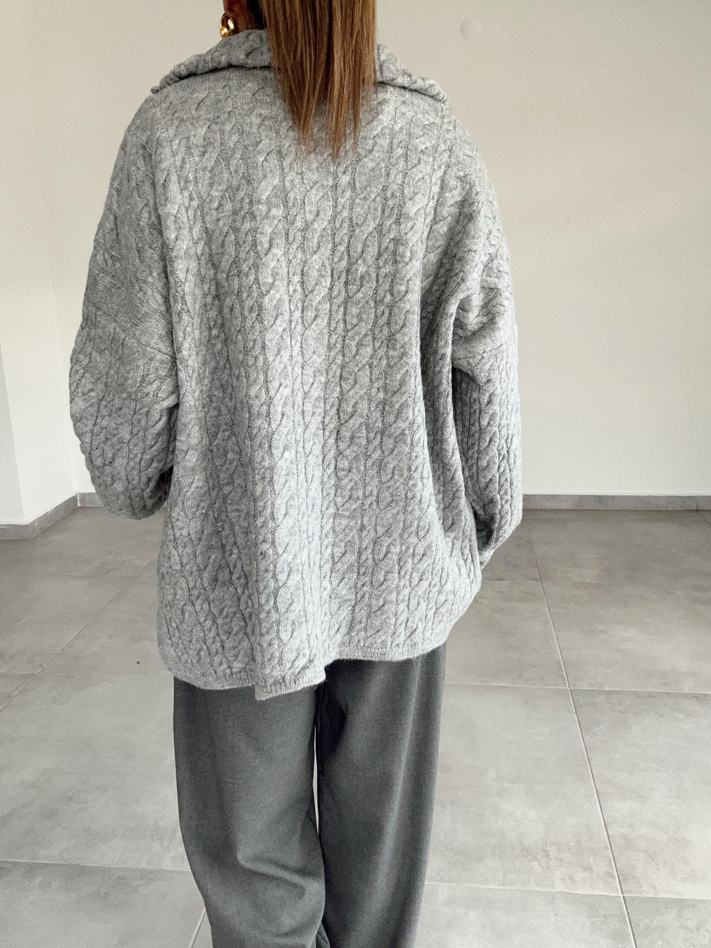 Gri Fermuarlı Triko Kazak