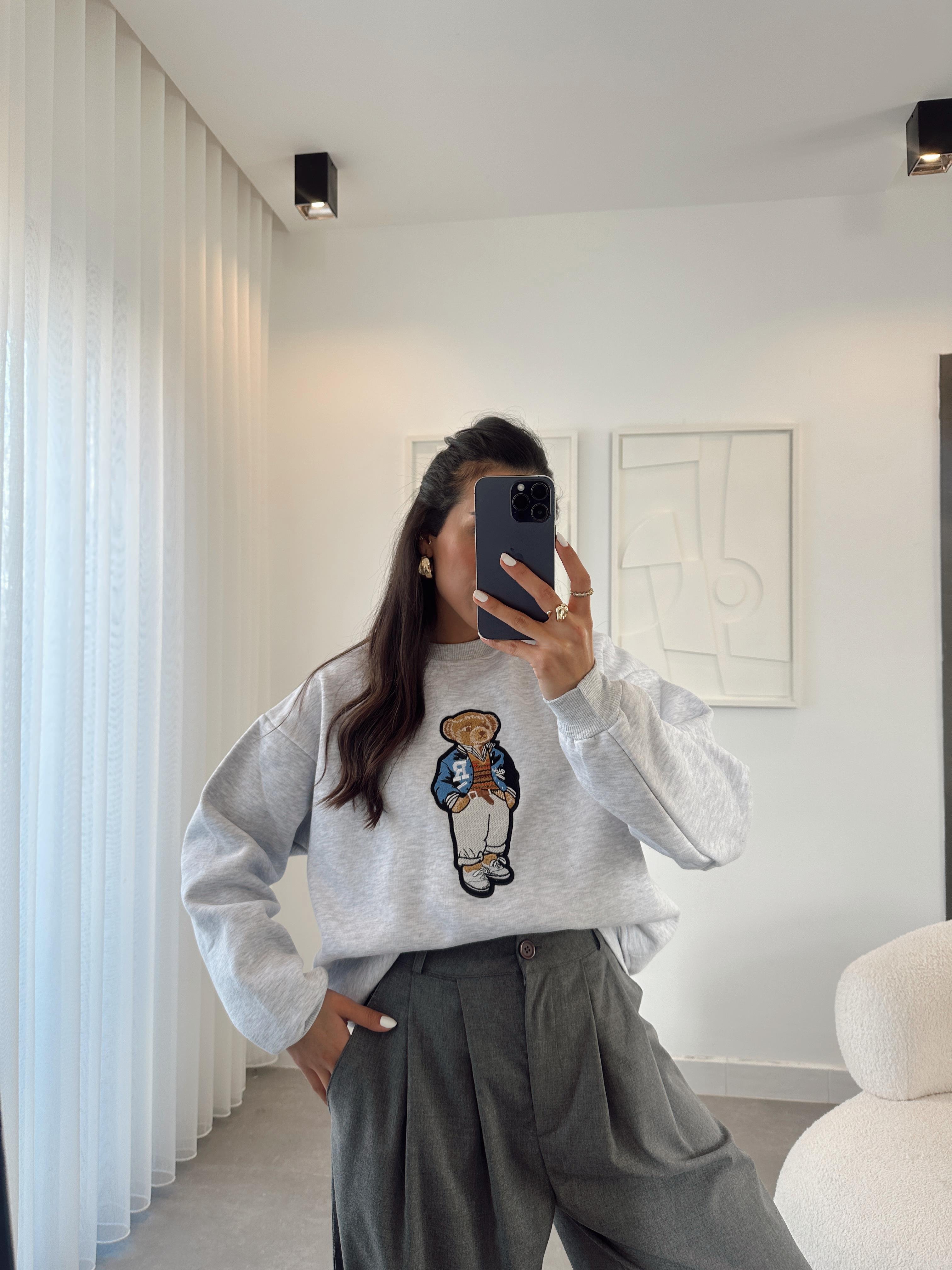 Gri Tedy Nakışlı Sweat