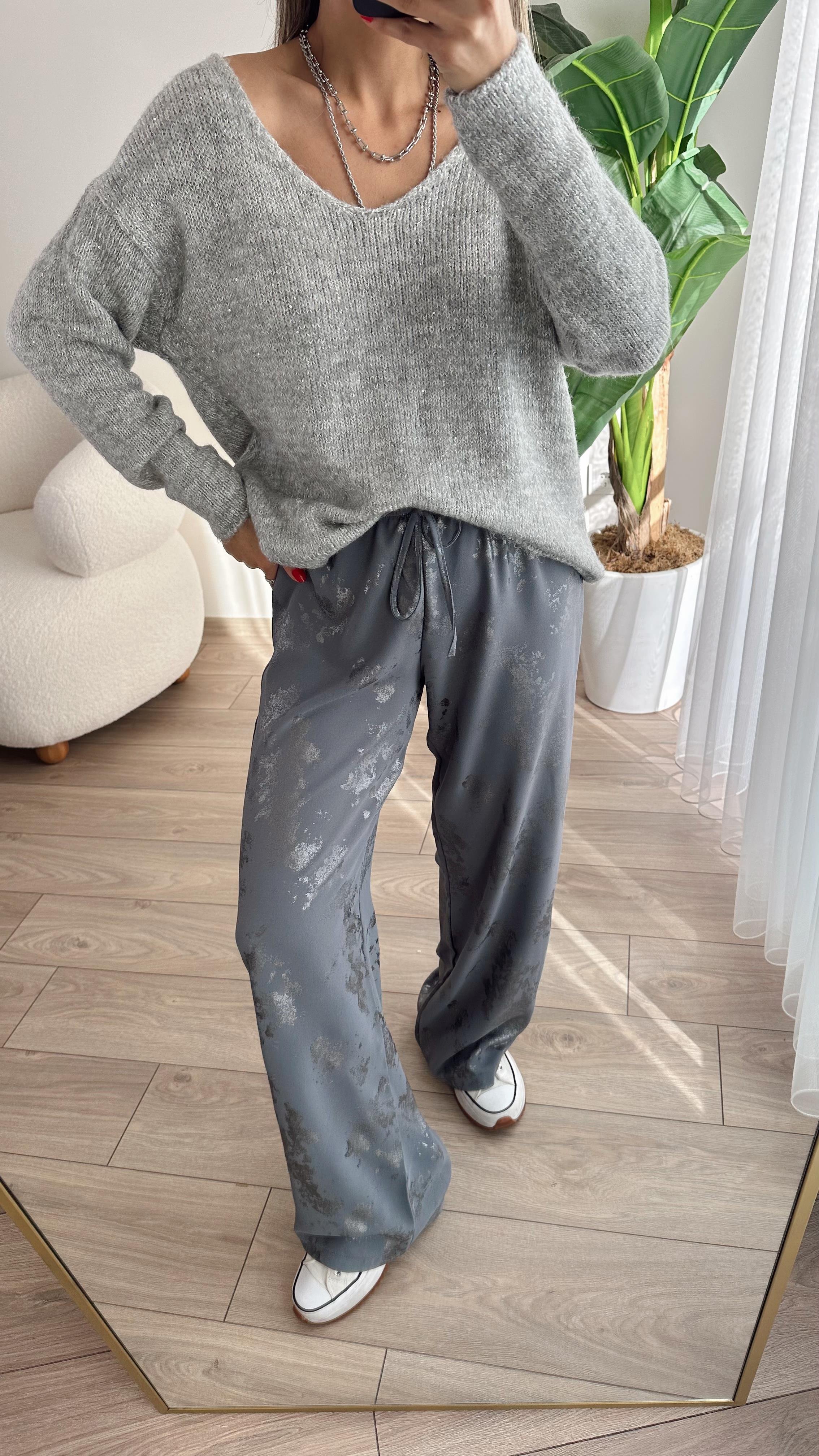 Gri Varak Baskılı Bel Bağlamalı Pantolon