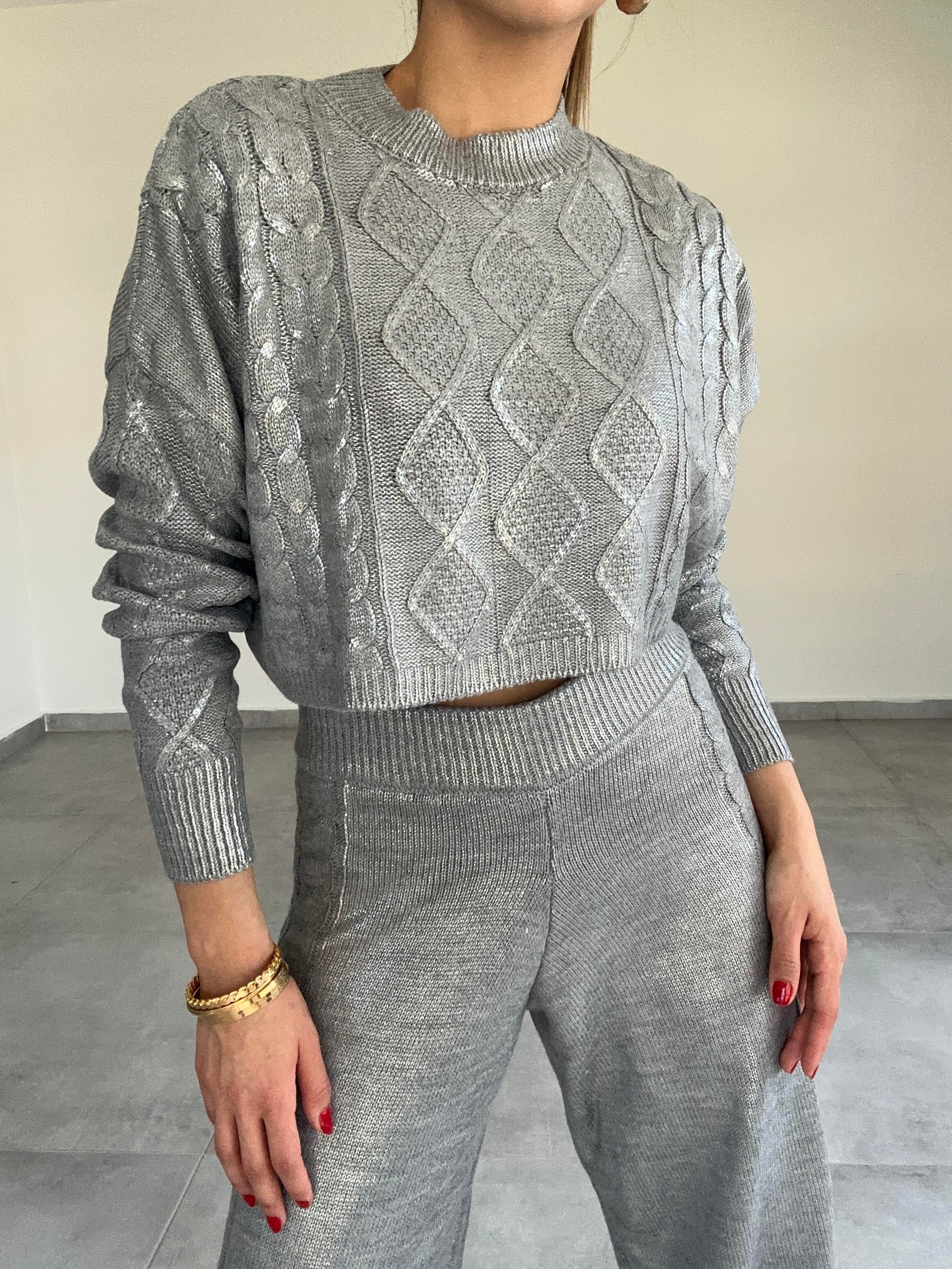 Gri Varak Baskılı Triko Kazak