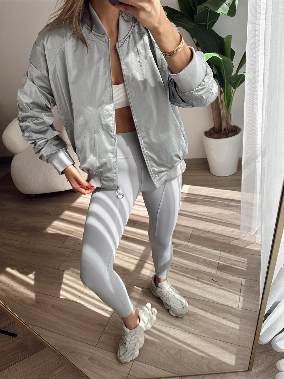 Gümüş Büzgülü Parlak Bomber Ceket