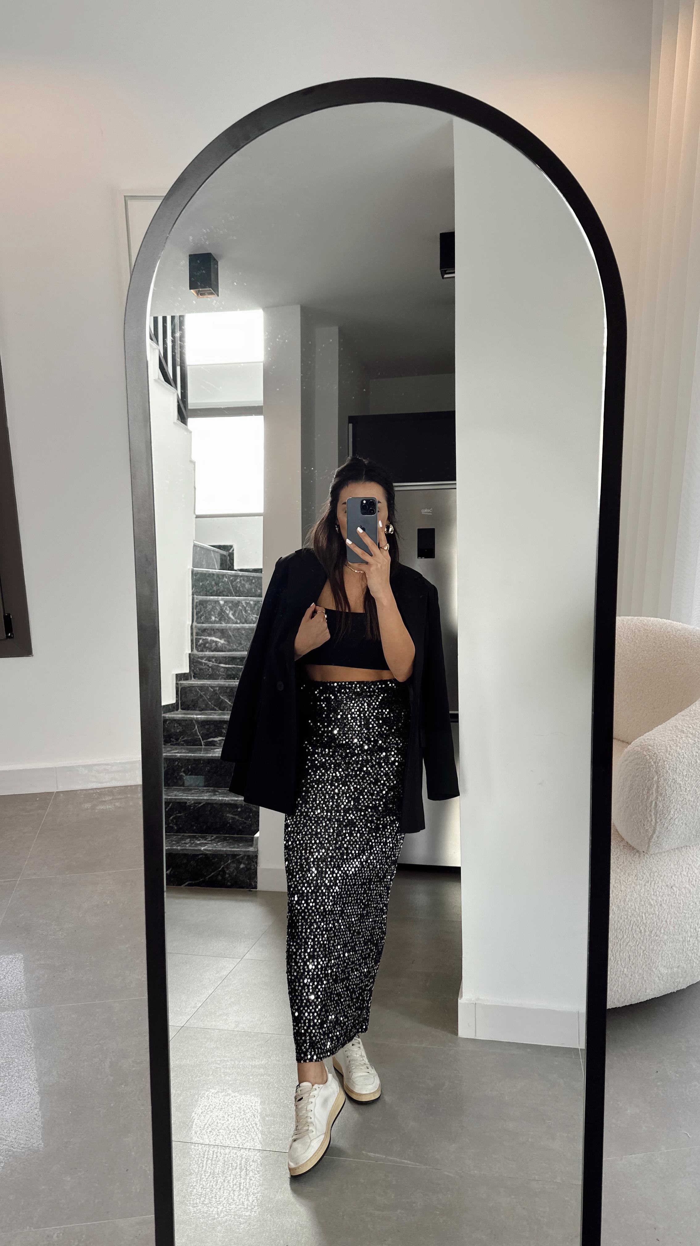 Gümüş Pul Payetli Midi Etek