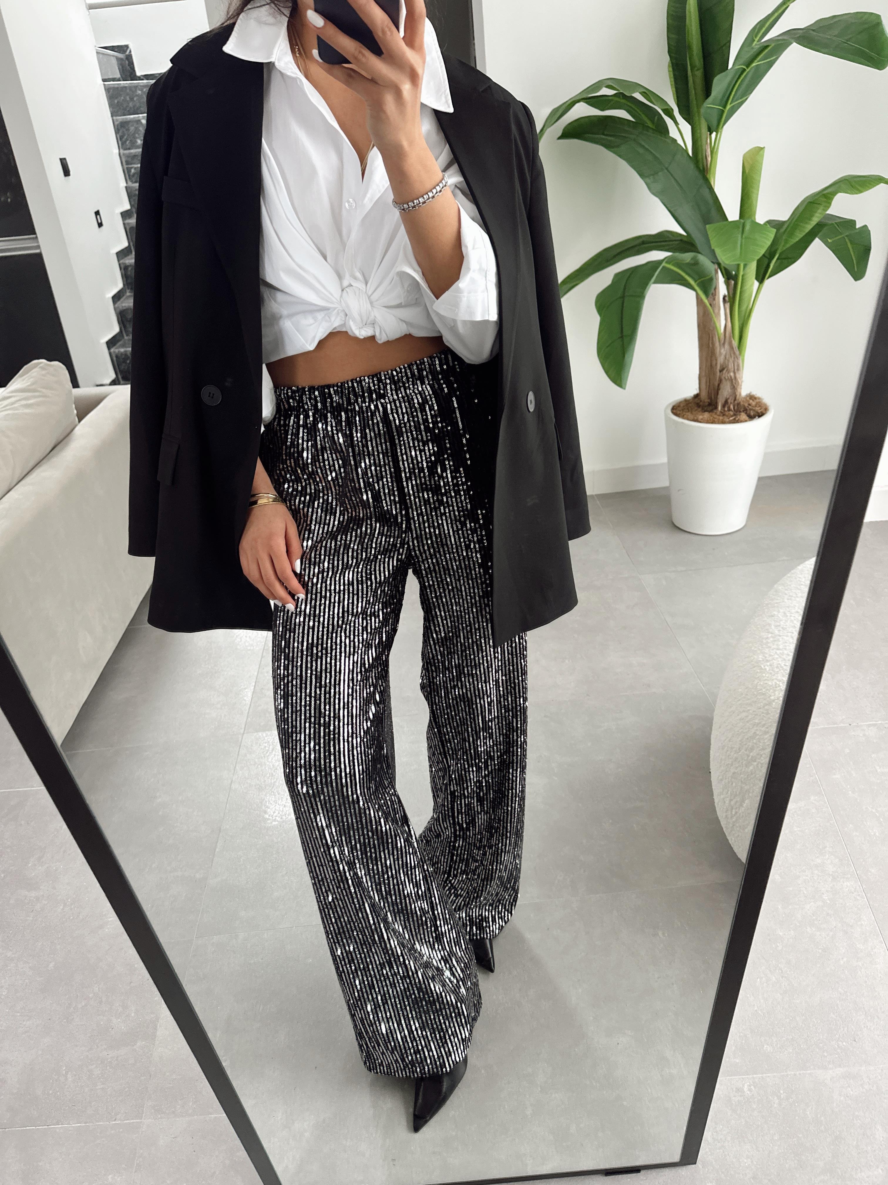 Gümüş Pullu Bol Paça Pantolon