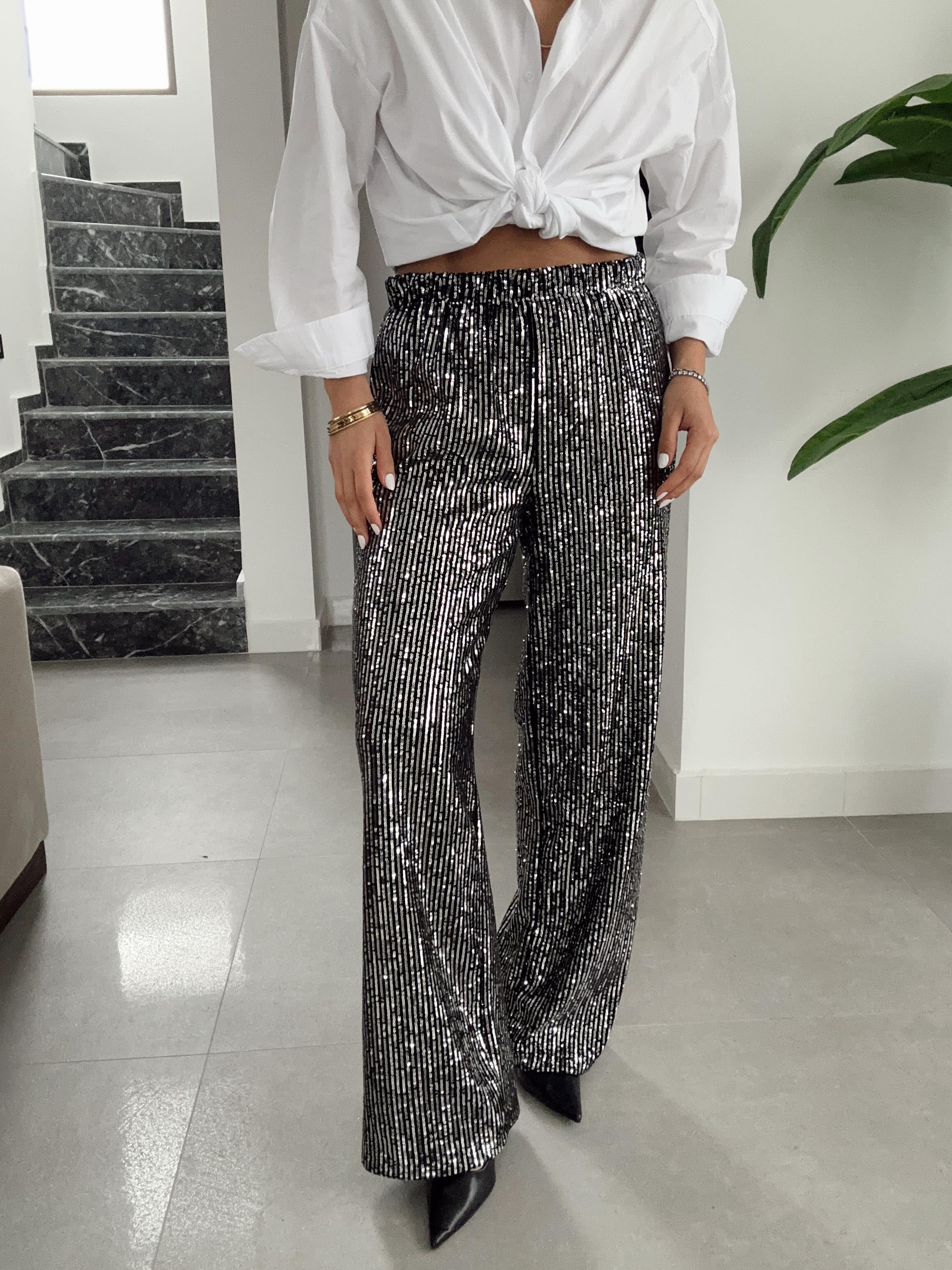 Gümüş Pullu Bol Paça Pantolon