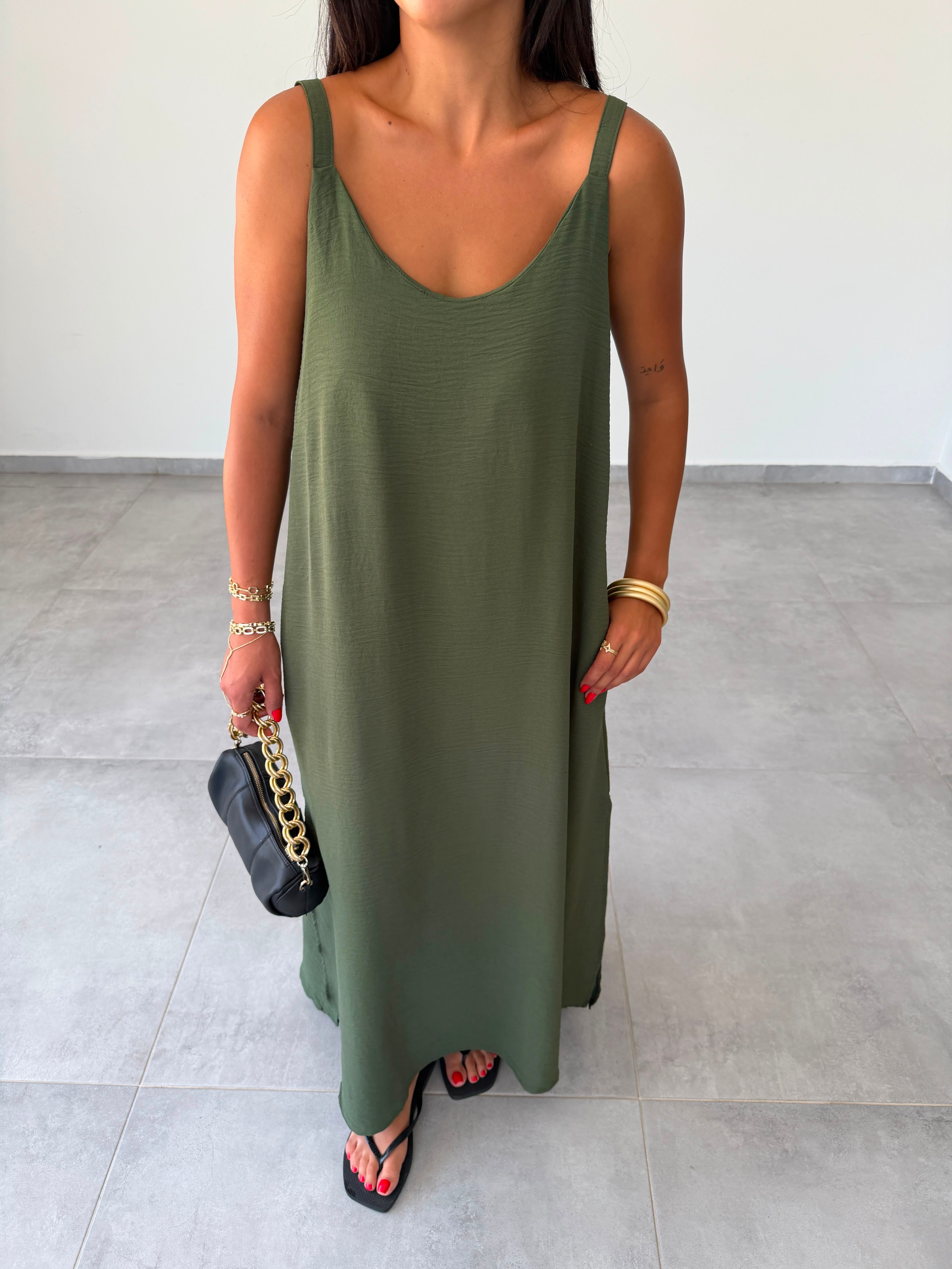 Haki Ayrobin Maxi Boy Tela Askılı Elbise