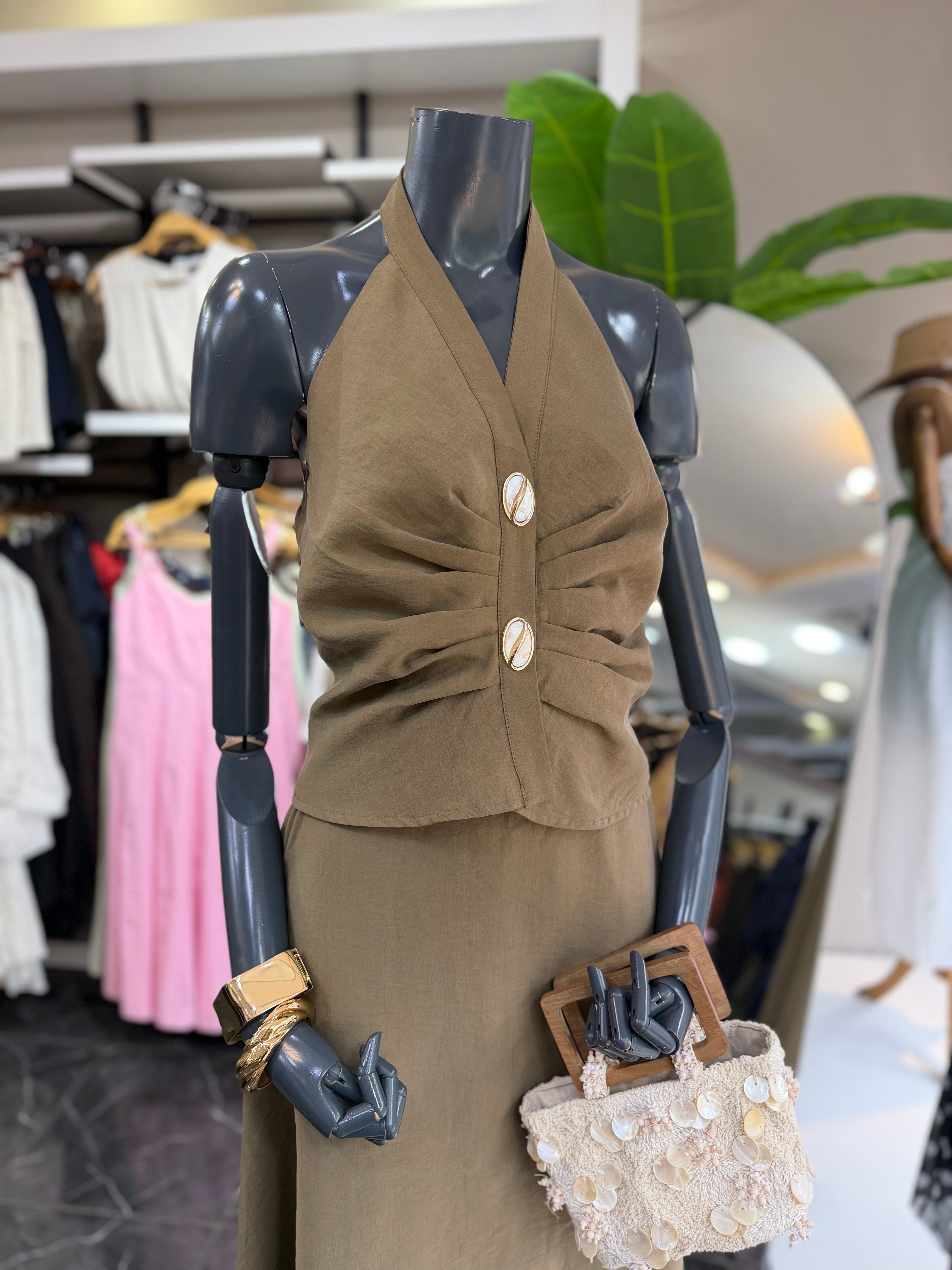 Haki Halter Yaka Taş Detaylı Bluz Etek Takım