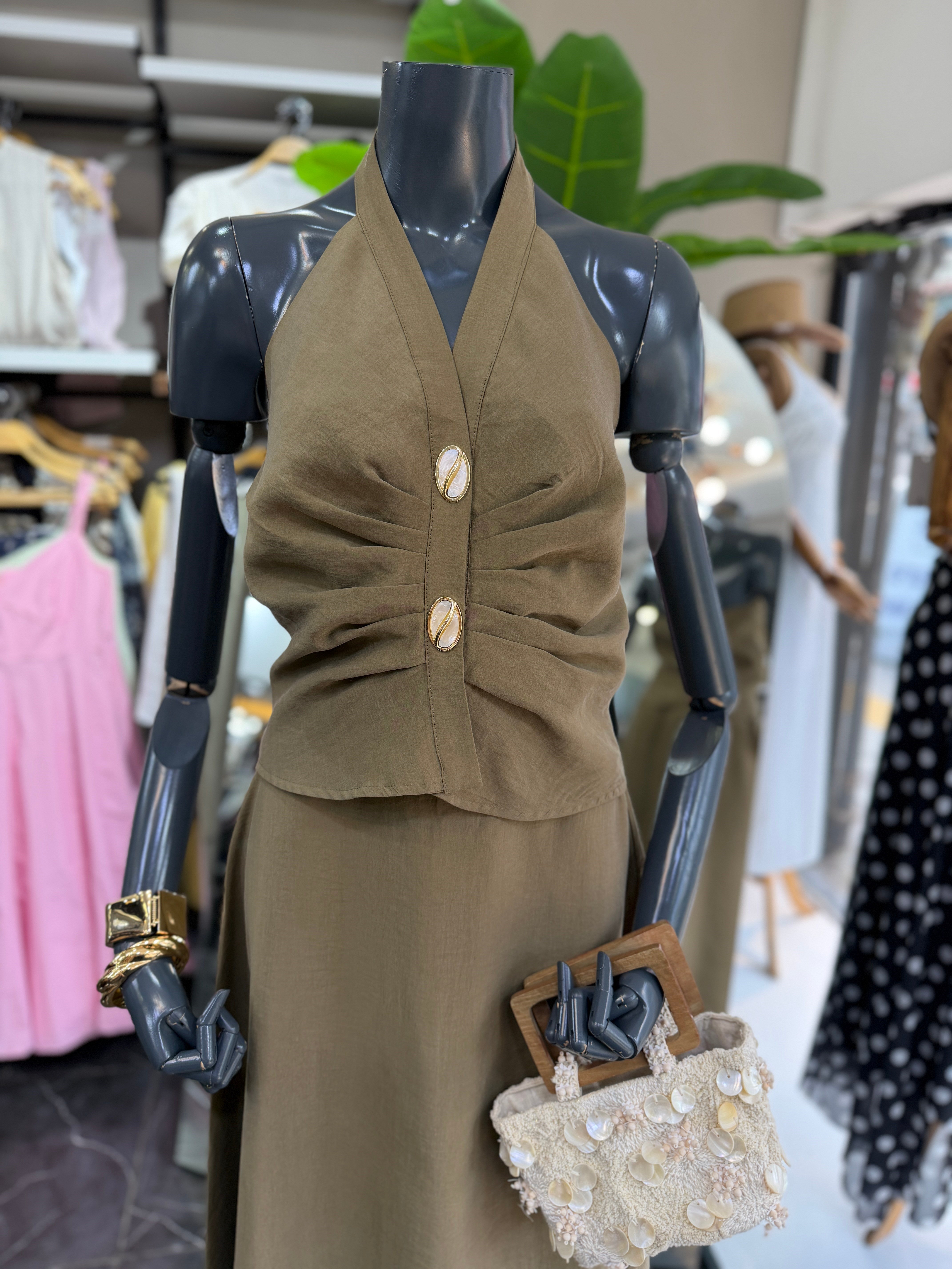 Haki Halter Yaka Taş Detaylı Bluz Etek Takım
