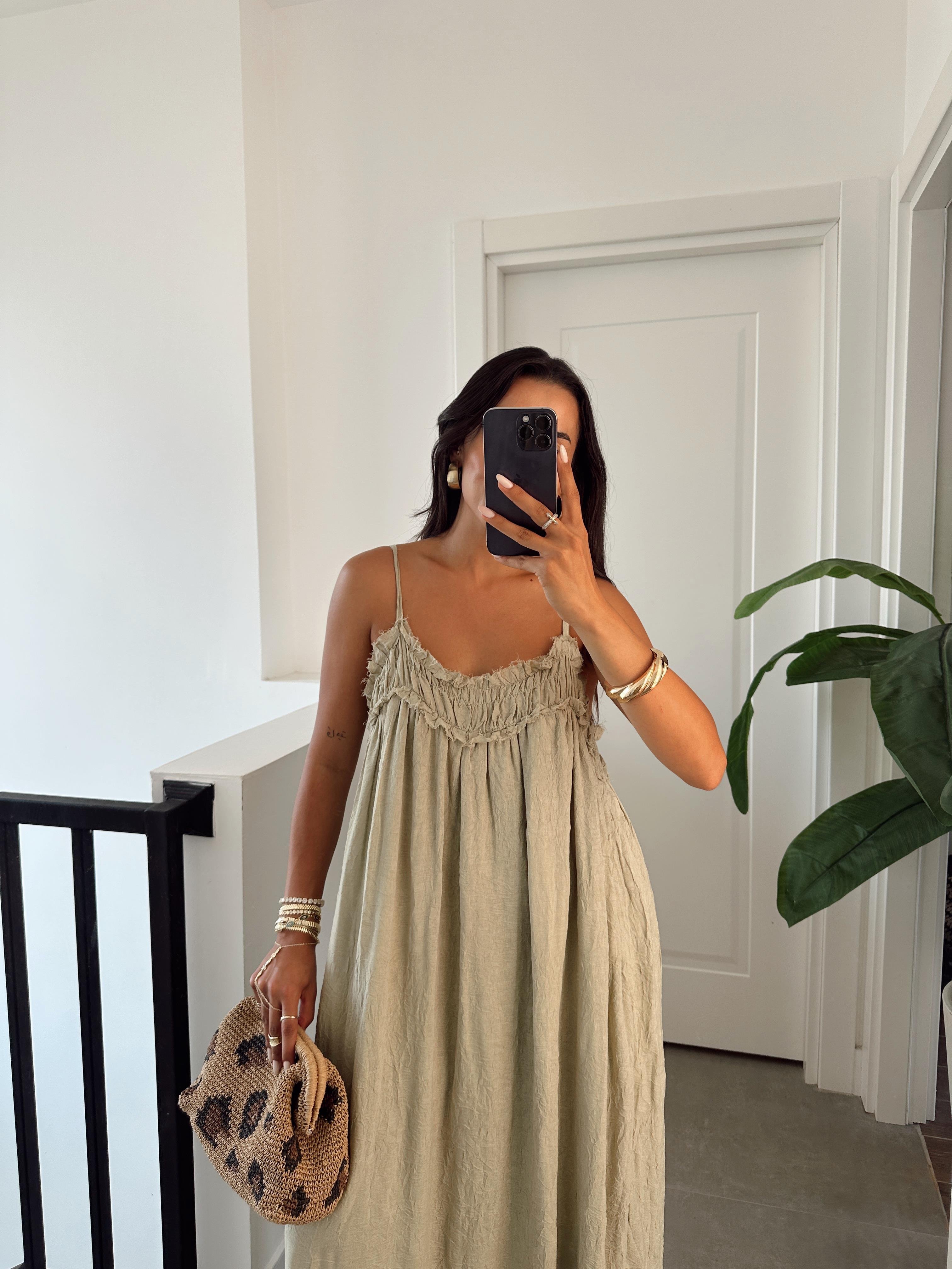 Haki İp Askılı Elbise