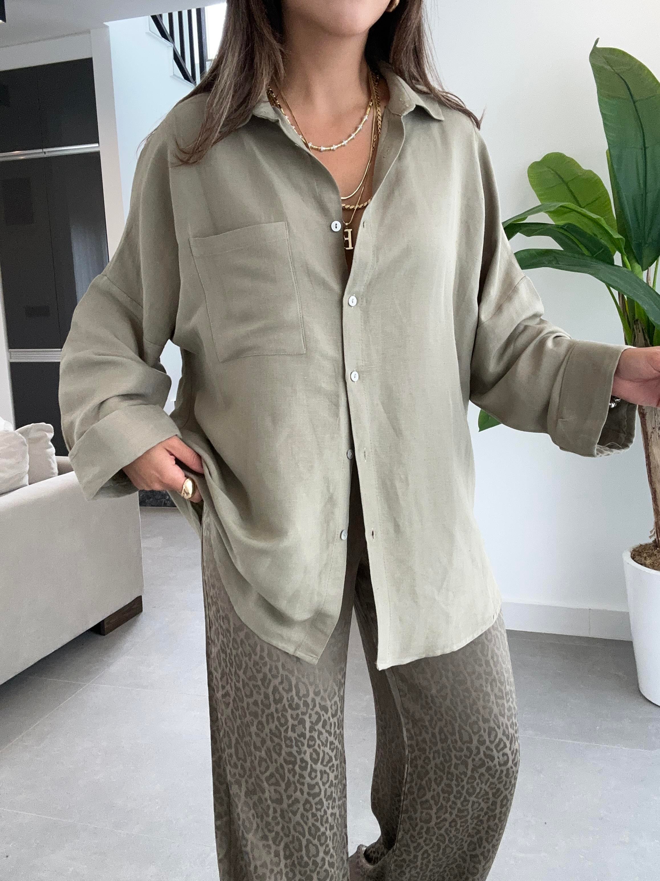 Haki Oversize Keten Gömlek