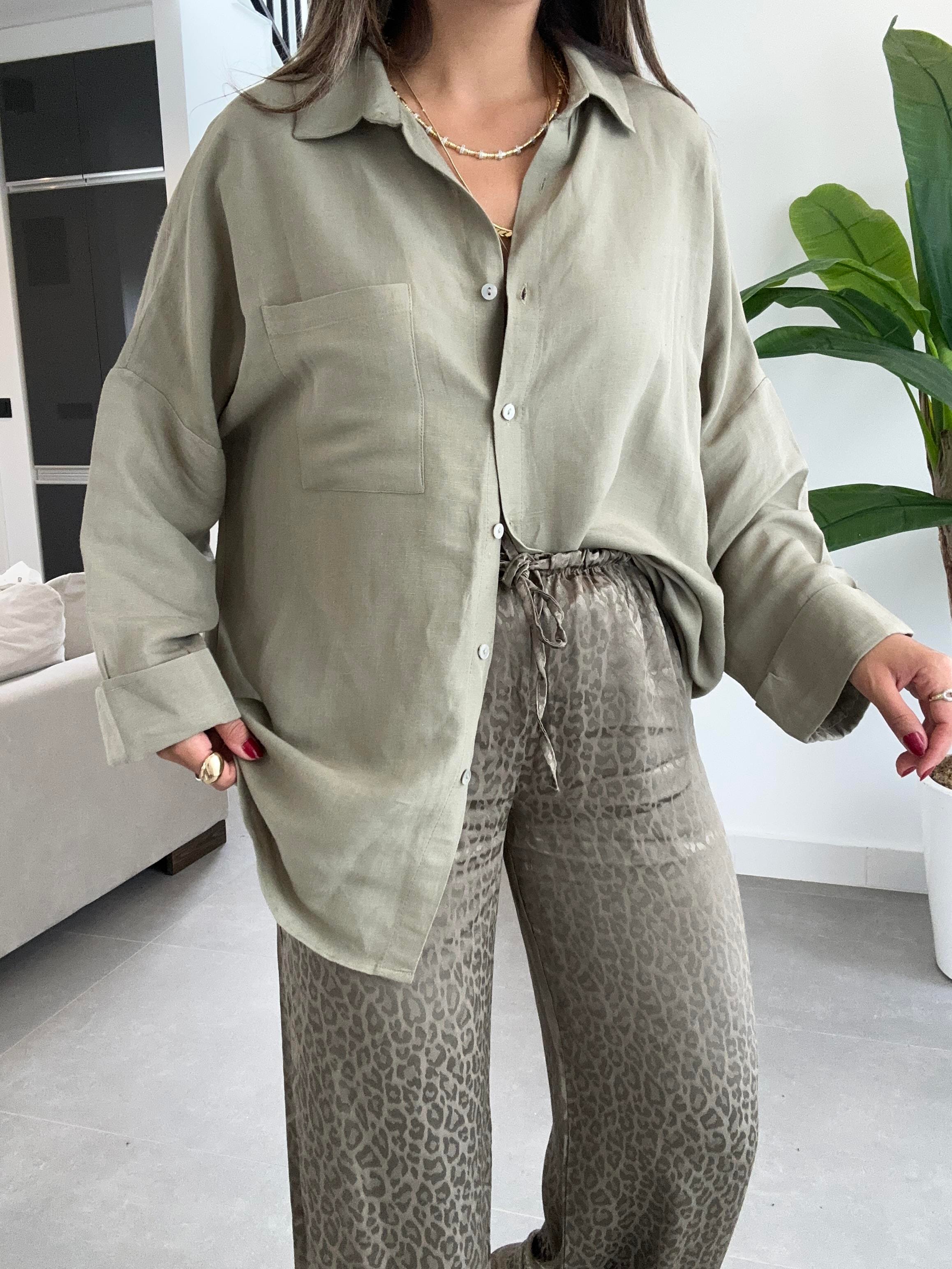 Haki Oversize Keten Gömlek