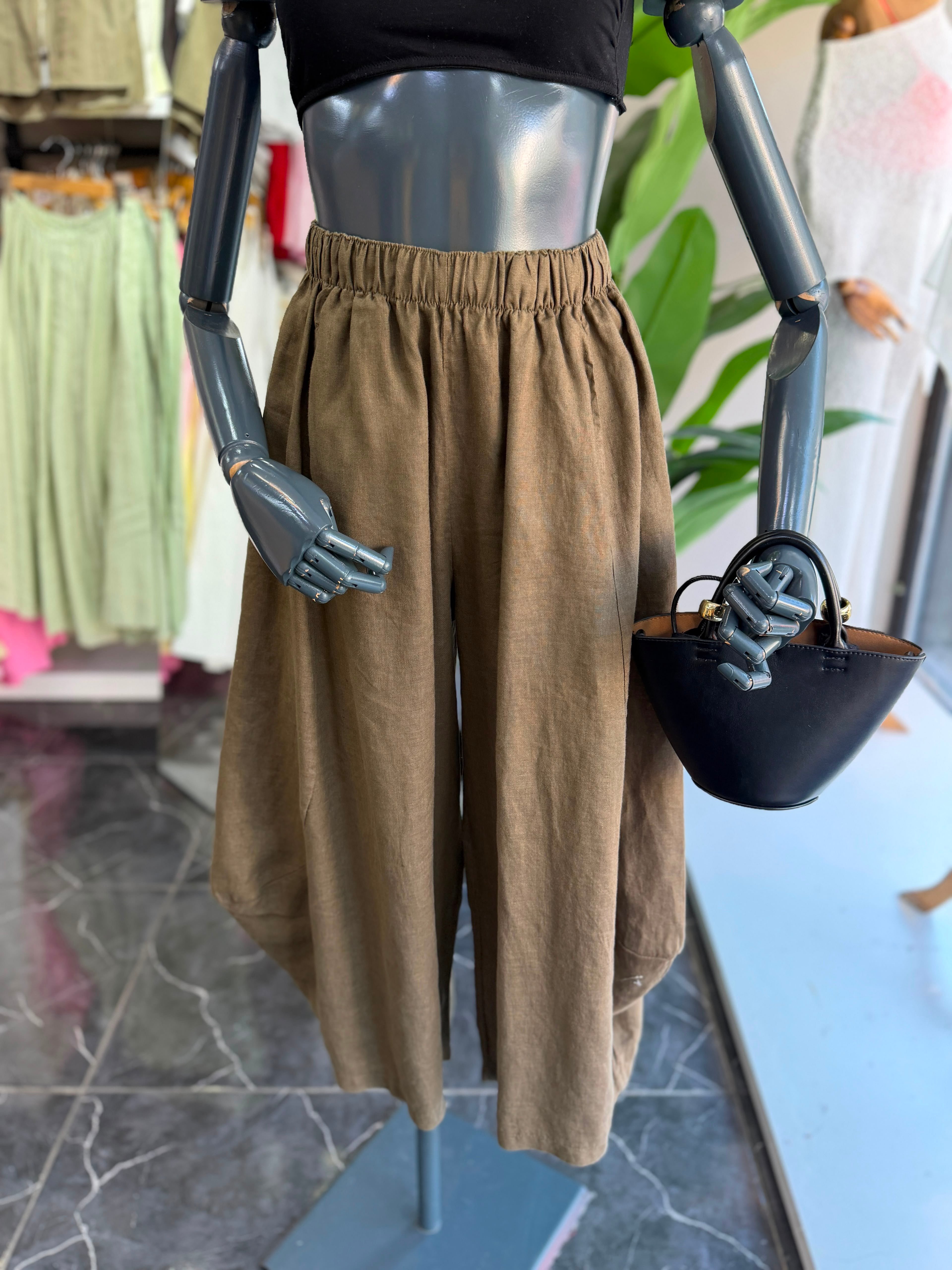 Haki Yan Parçalı Keten Pantolon