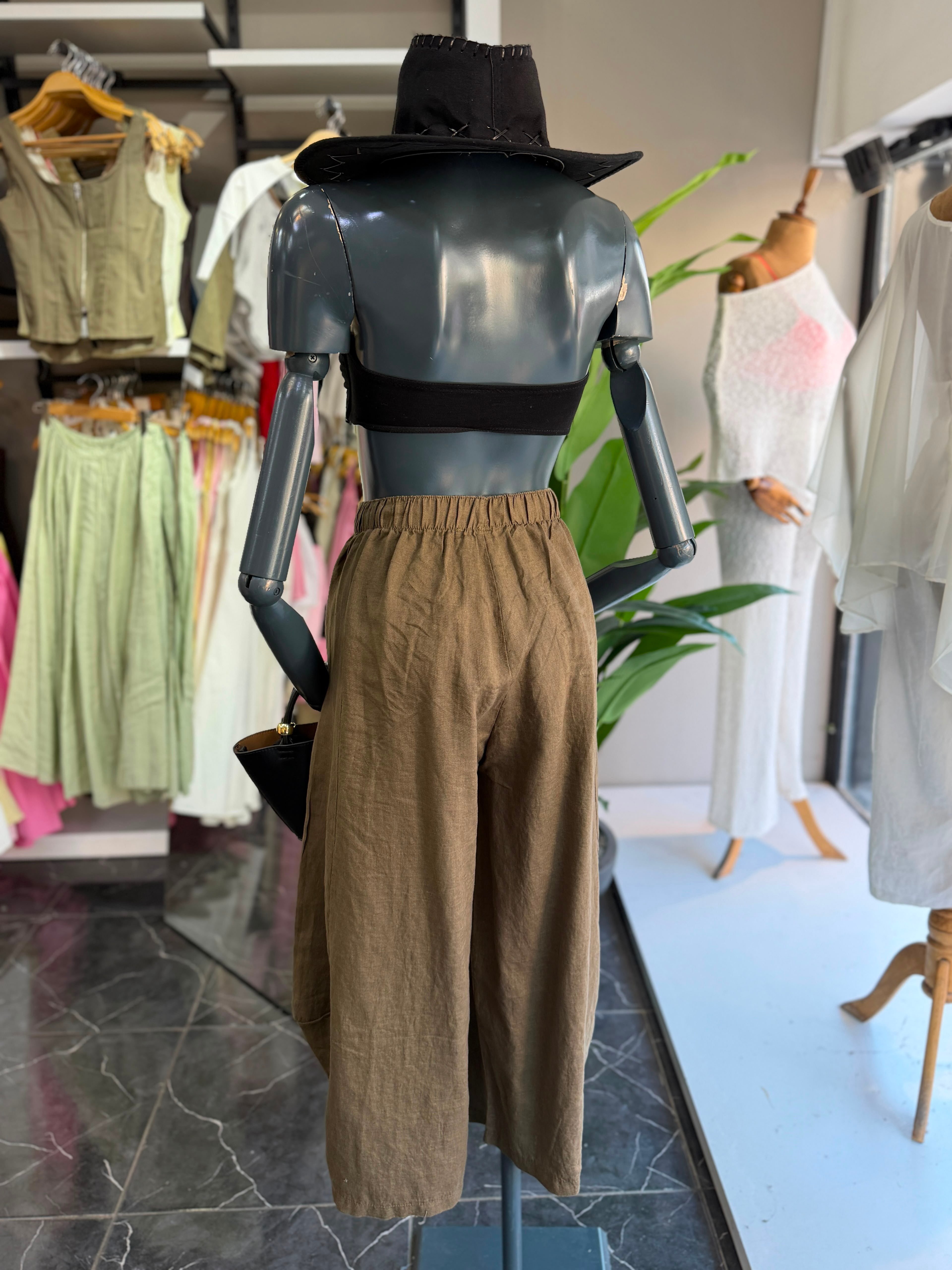 Haki Yan Parçalı Keten Pantolon