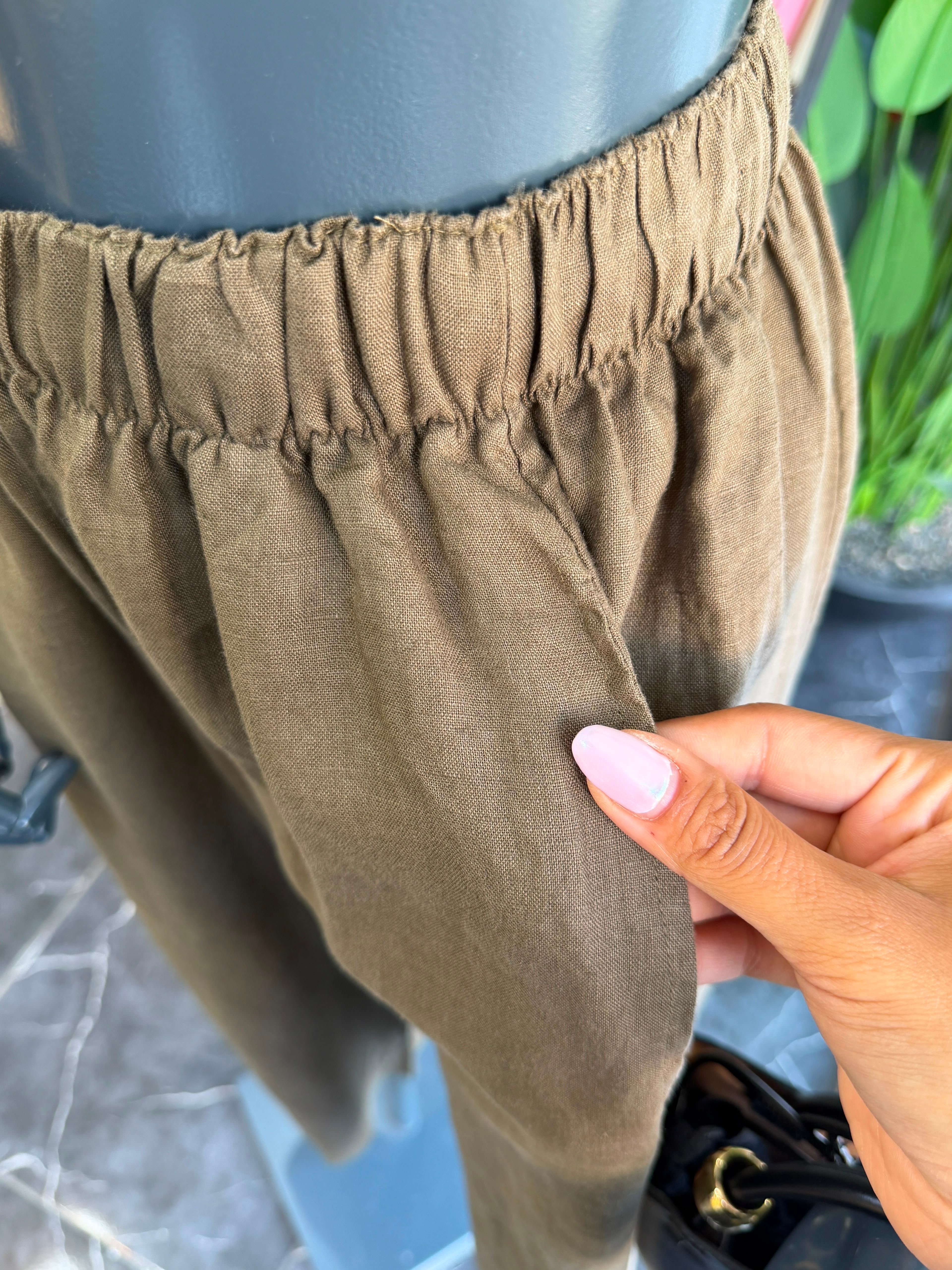 Haki Yan Parçalı Keten Pantolon