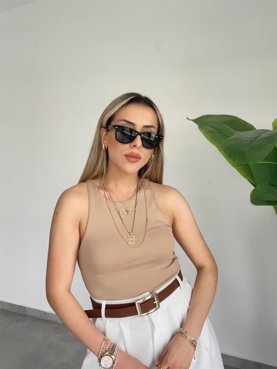 Halter Yaka Bej Bluz