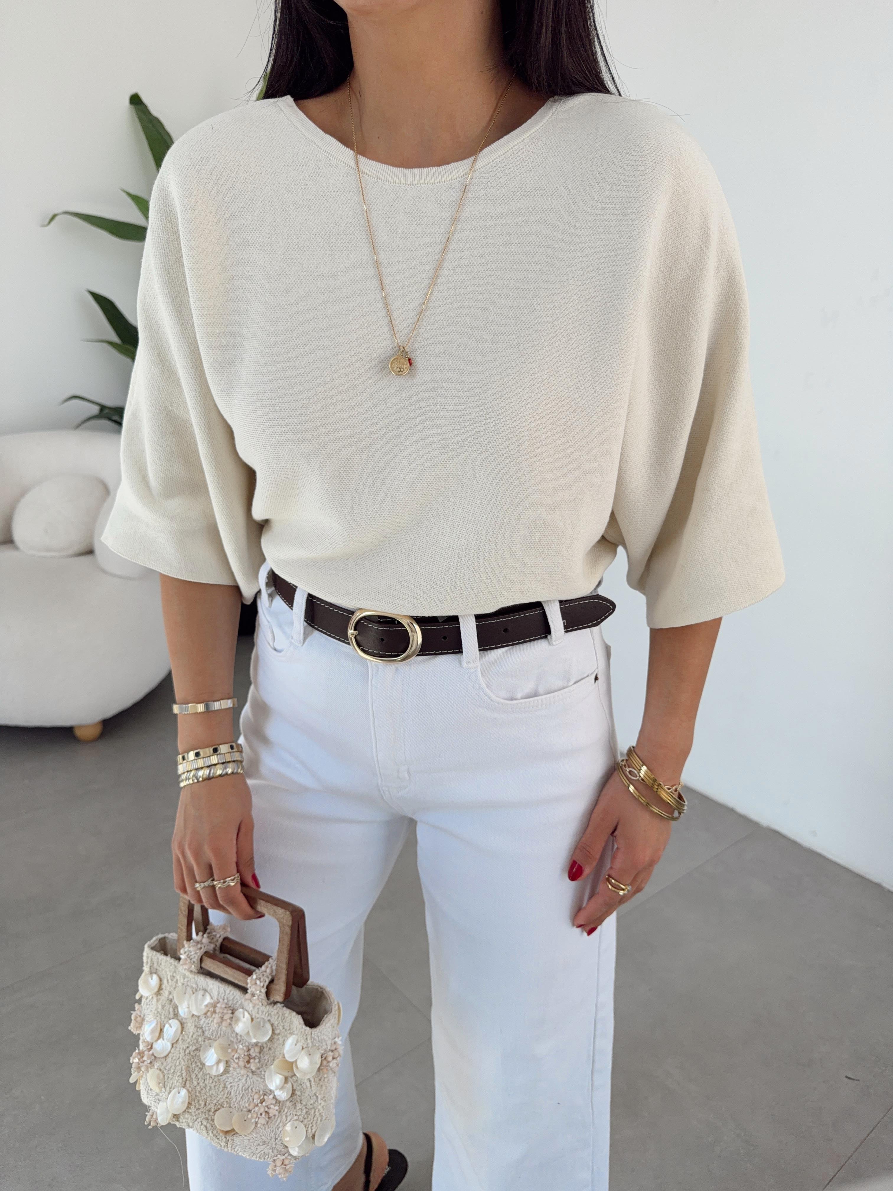 Ham Ekru Dantel Detaylı Triko Bluz