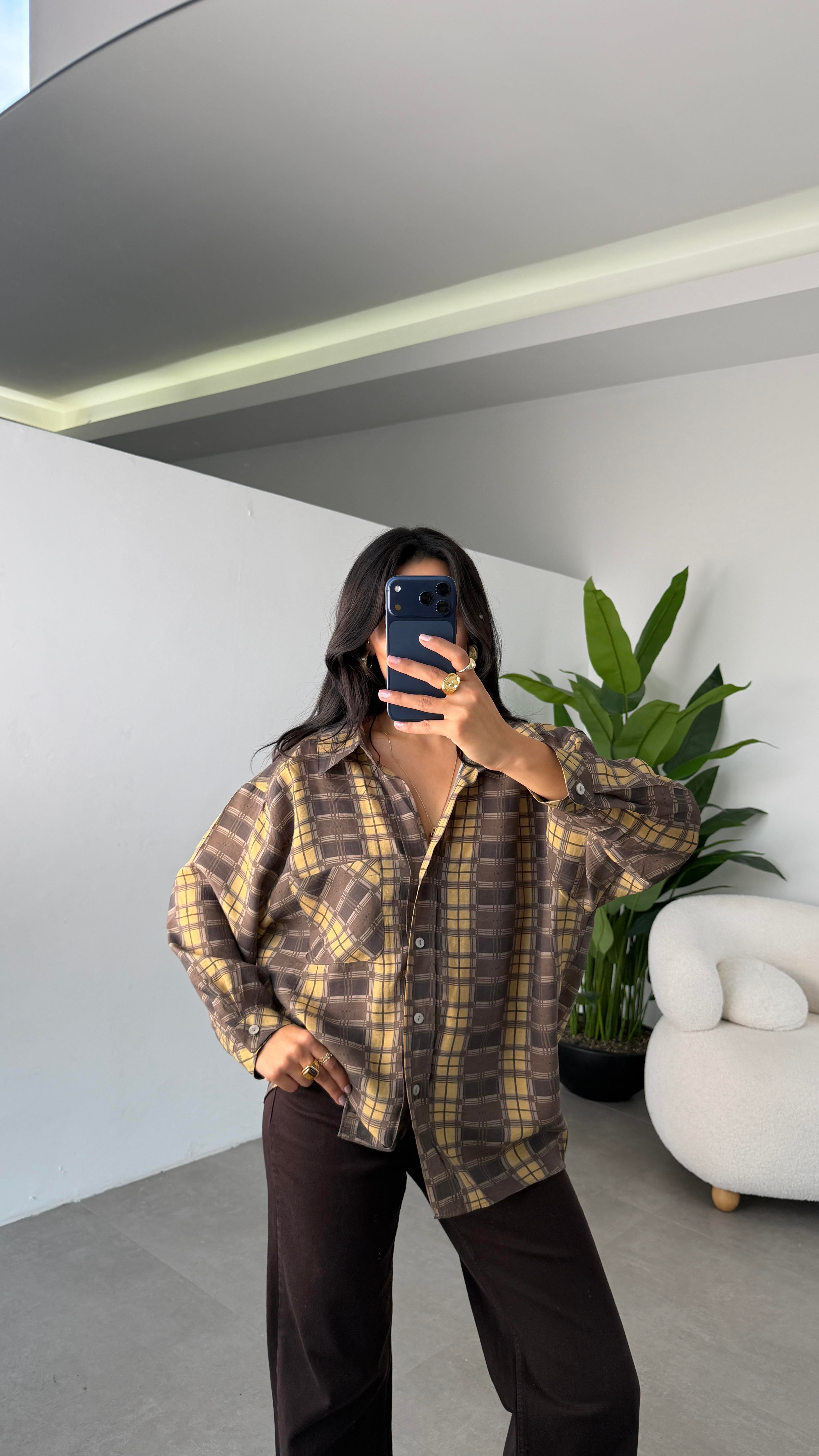 Hardal Baskılı Oversize Gömlek