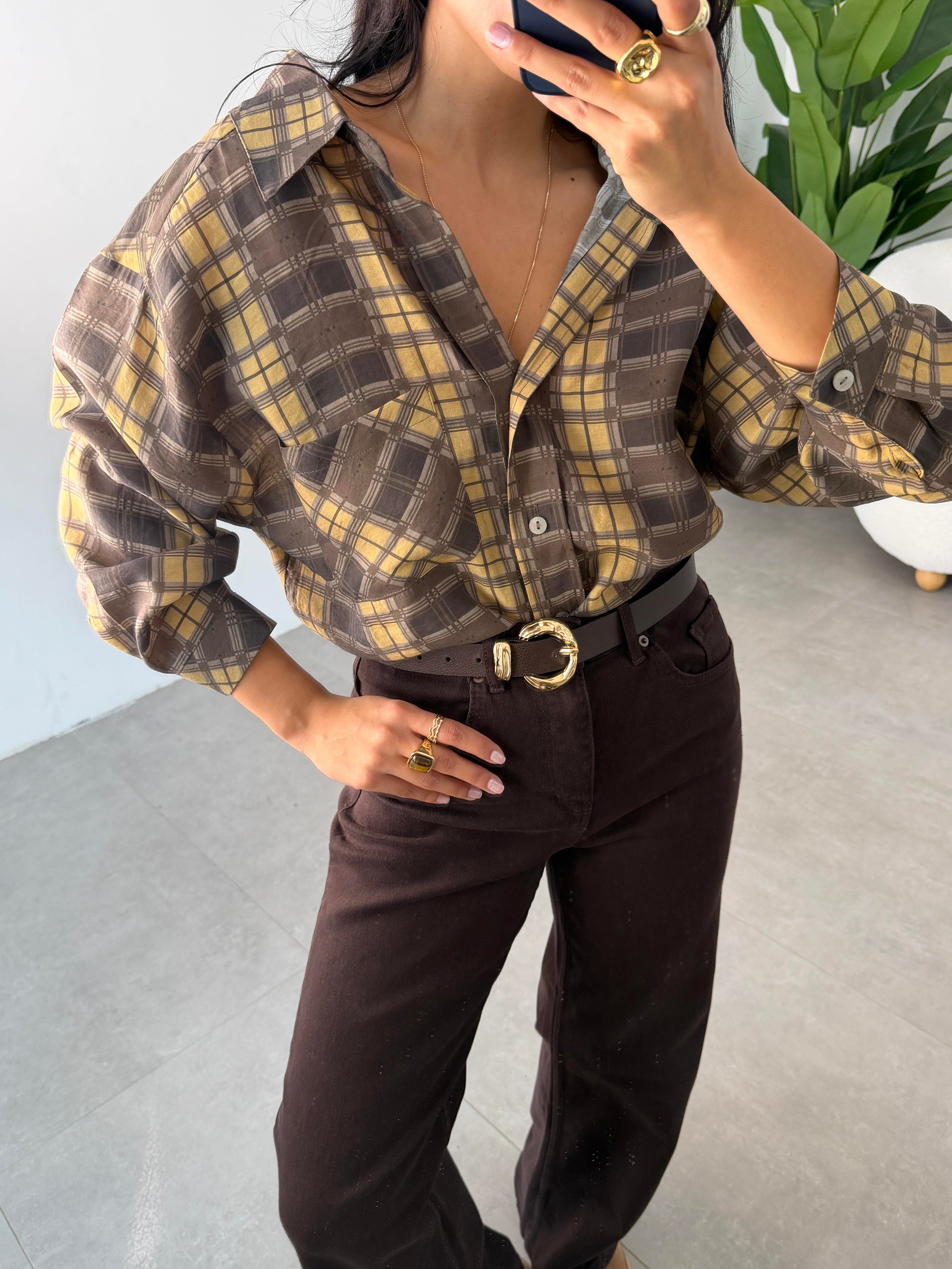 Hardal Baskılı Oversize Gömlek