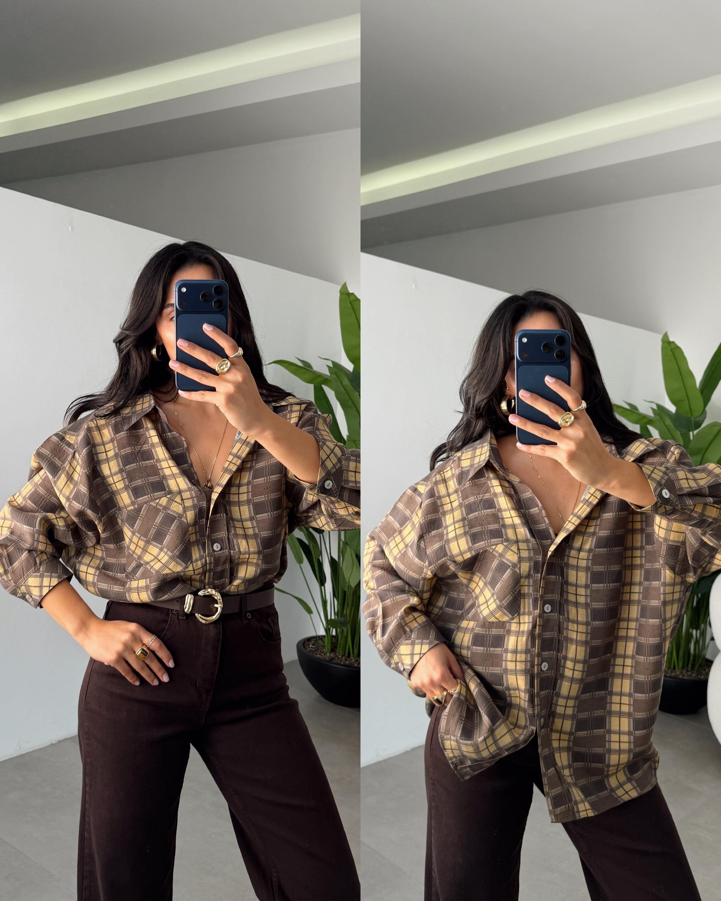 Hardal Baskılı Oversize Gömlek