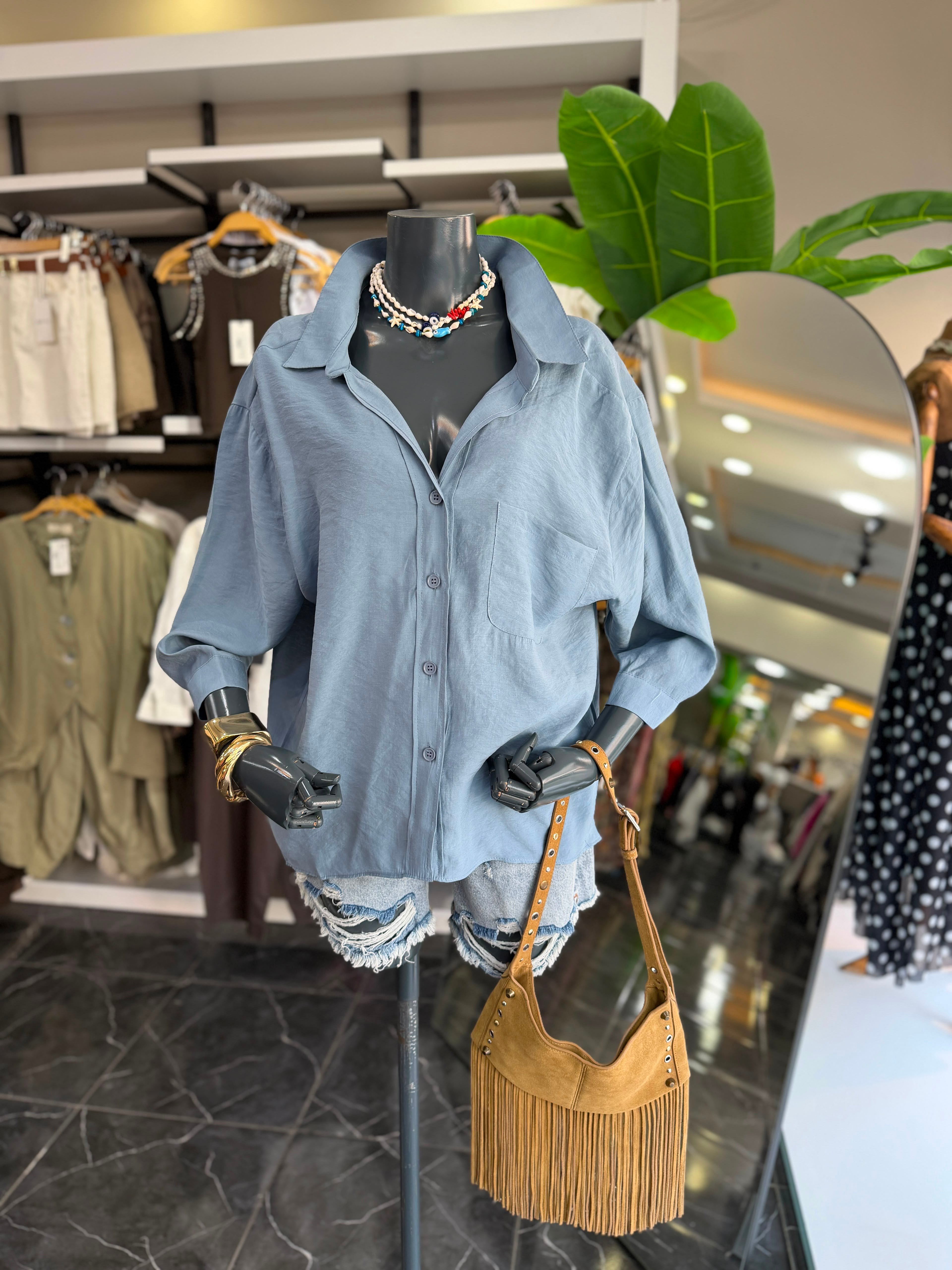 İndigo Düşük Omuz Oversize Gömlek