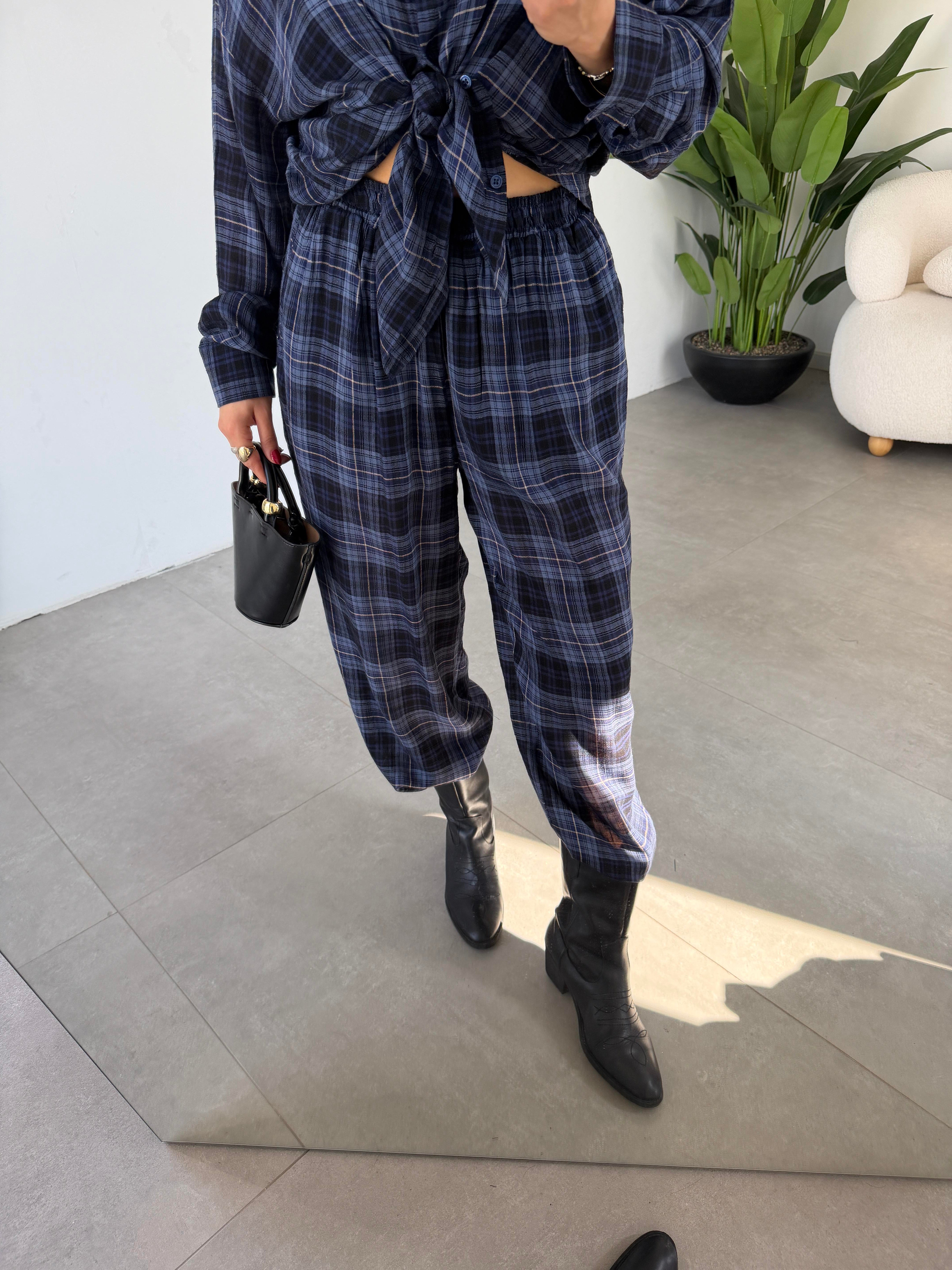 İndigo Kareli Balon Pantolon