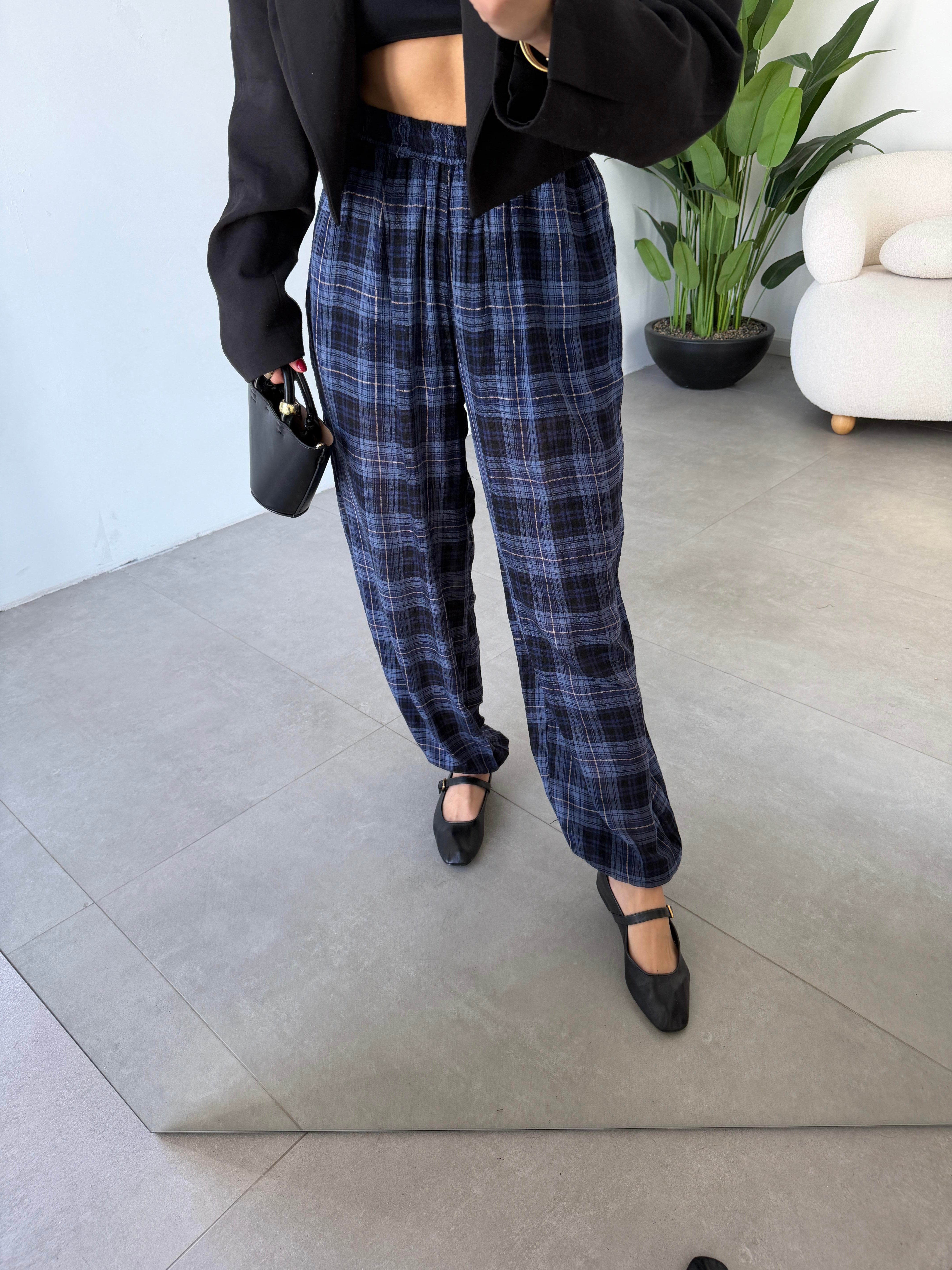 İndigo Kareli Balon Pantolon