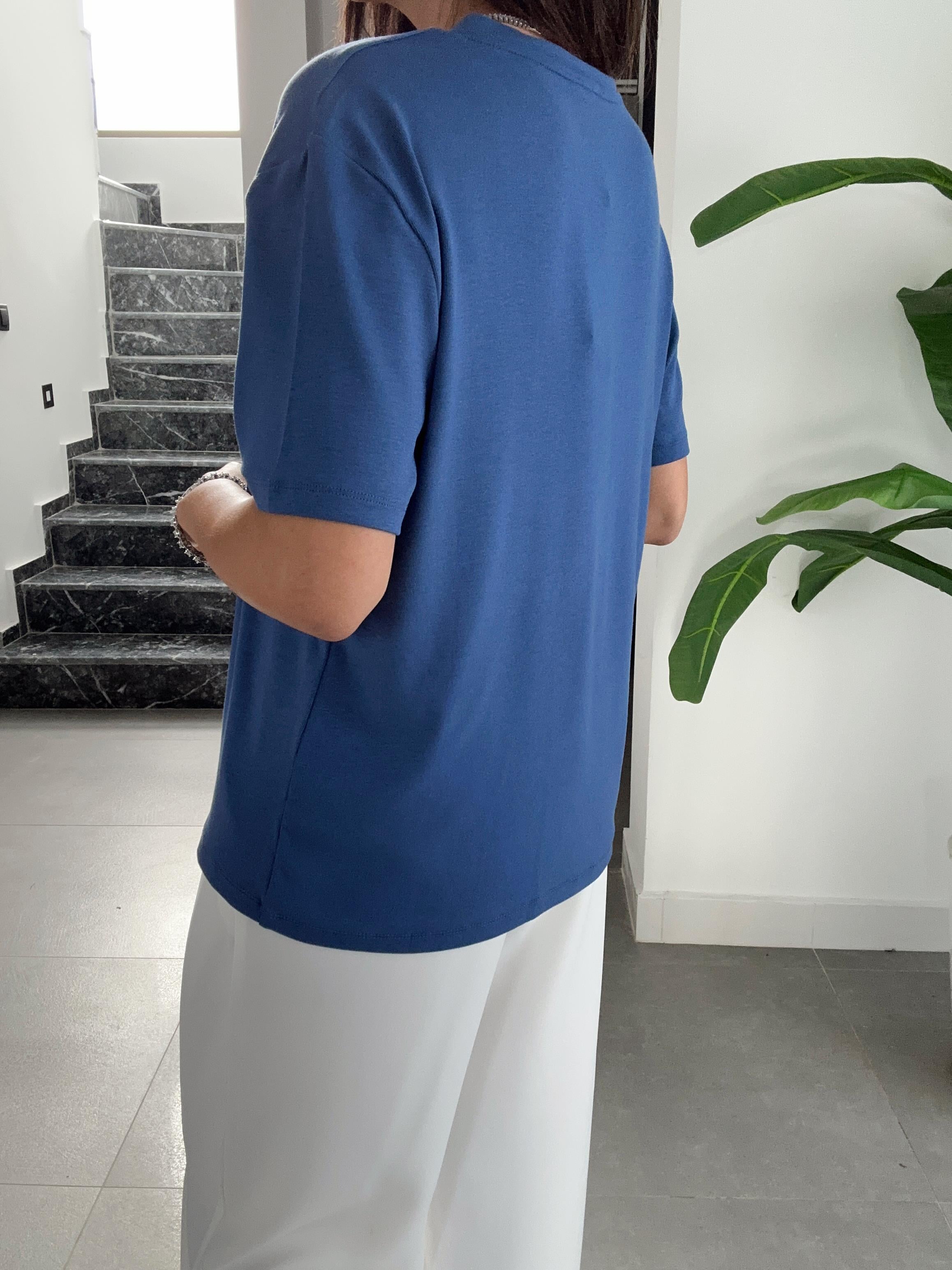 İndigo V Yaka  Basic Tişört