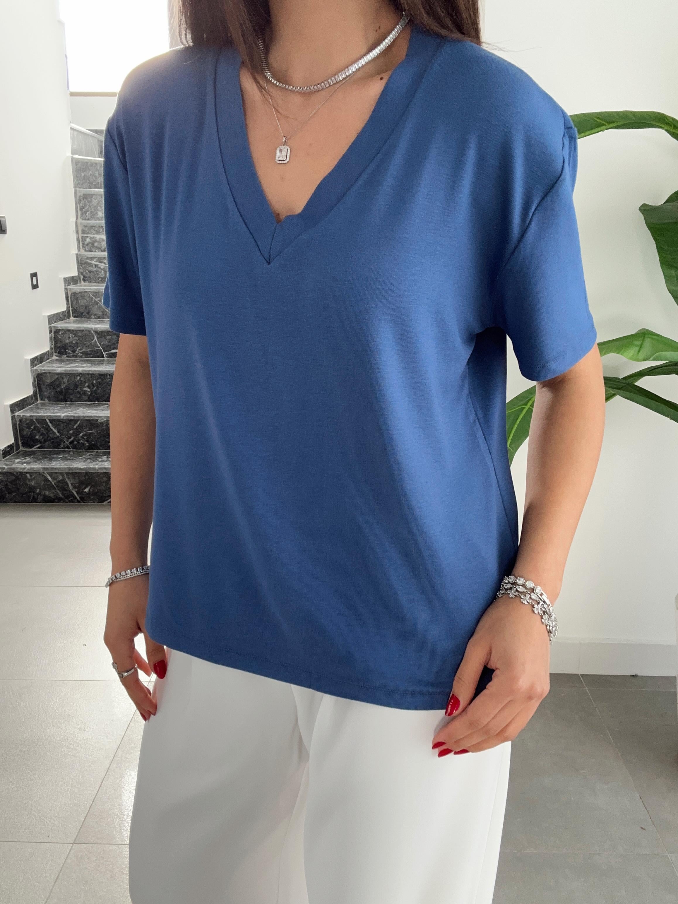 İndigo V Yaka  Basic Tişört