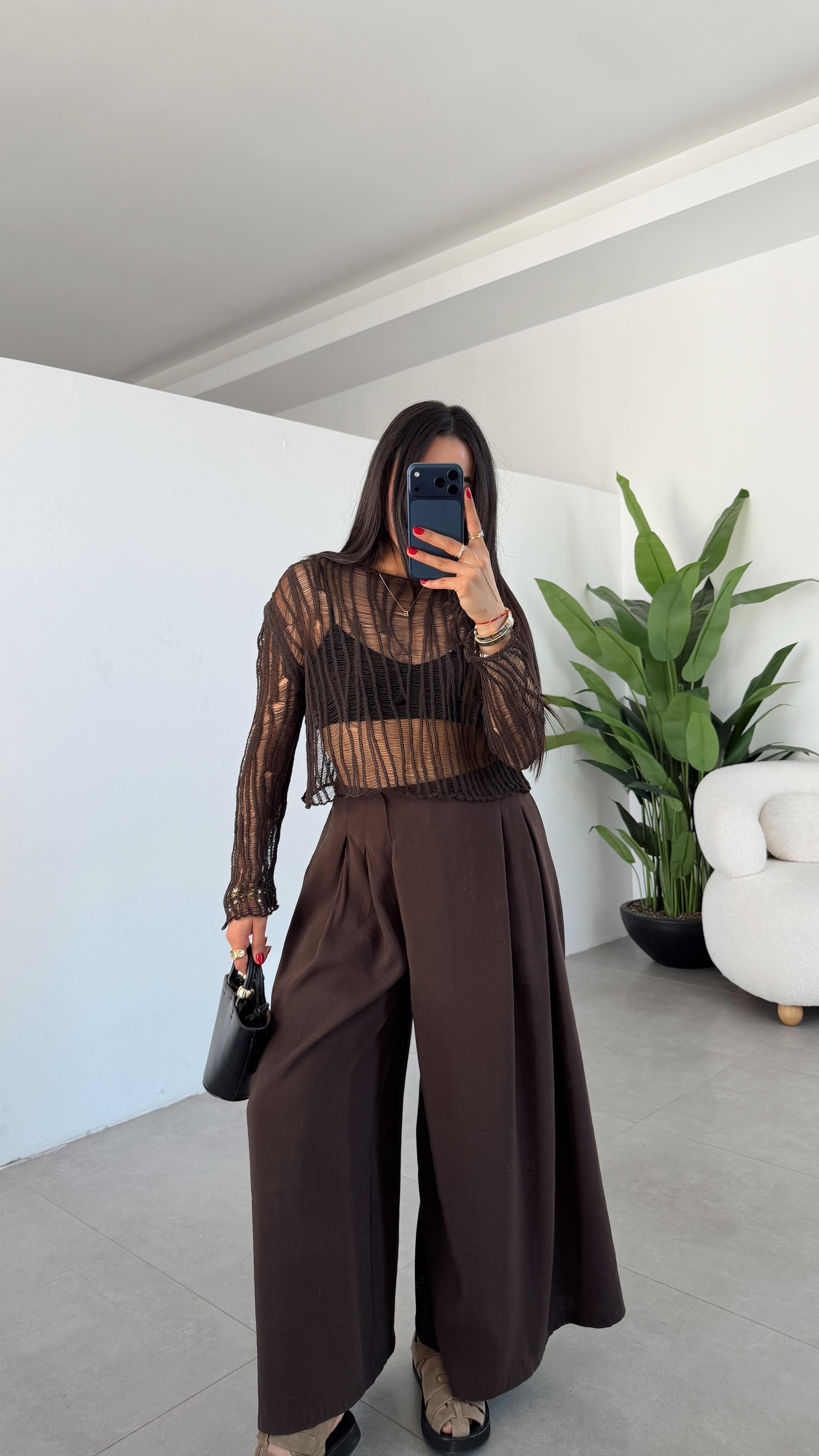 Kahve Ajurlu Triko Bluz