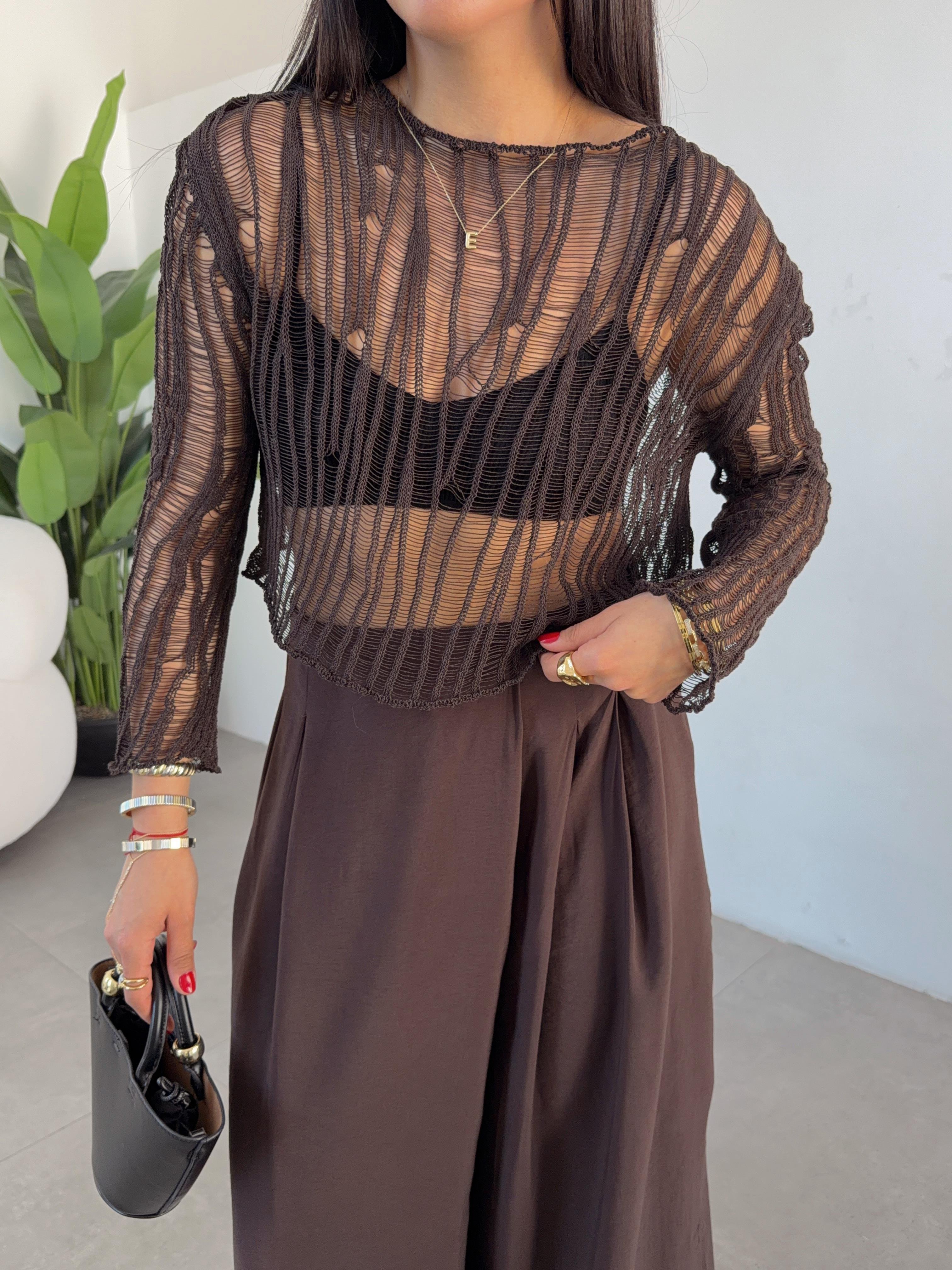 Kahve Ajurlu Triko Bluz