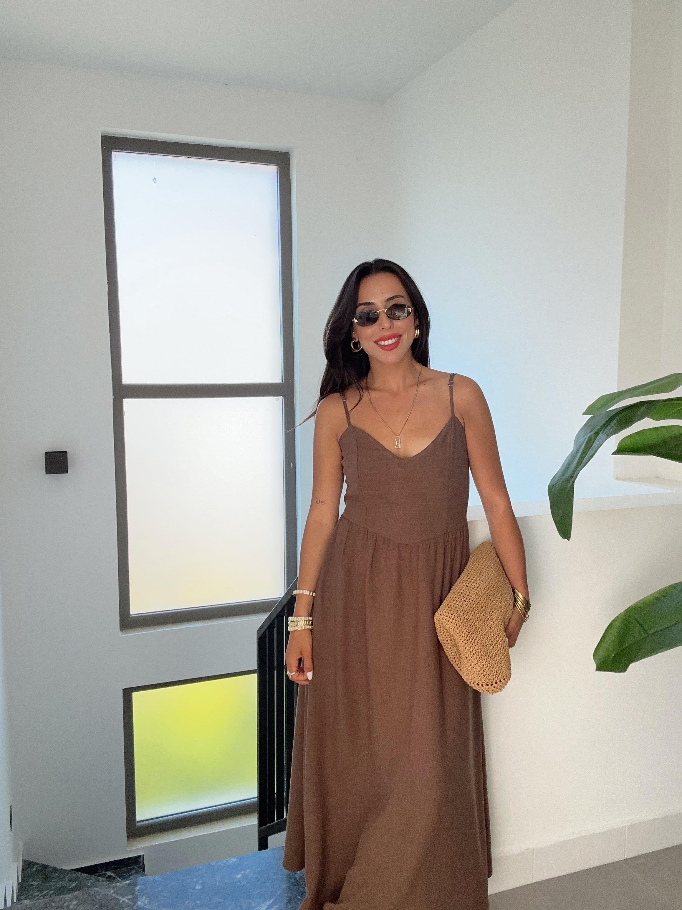 Kahve Arkadan Bağlamalı Elbise