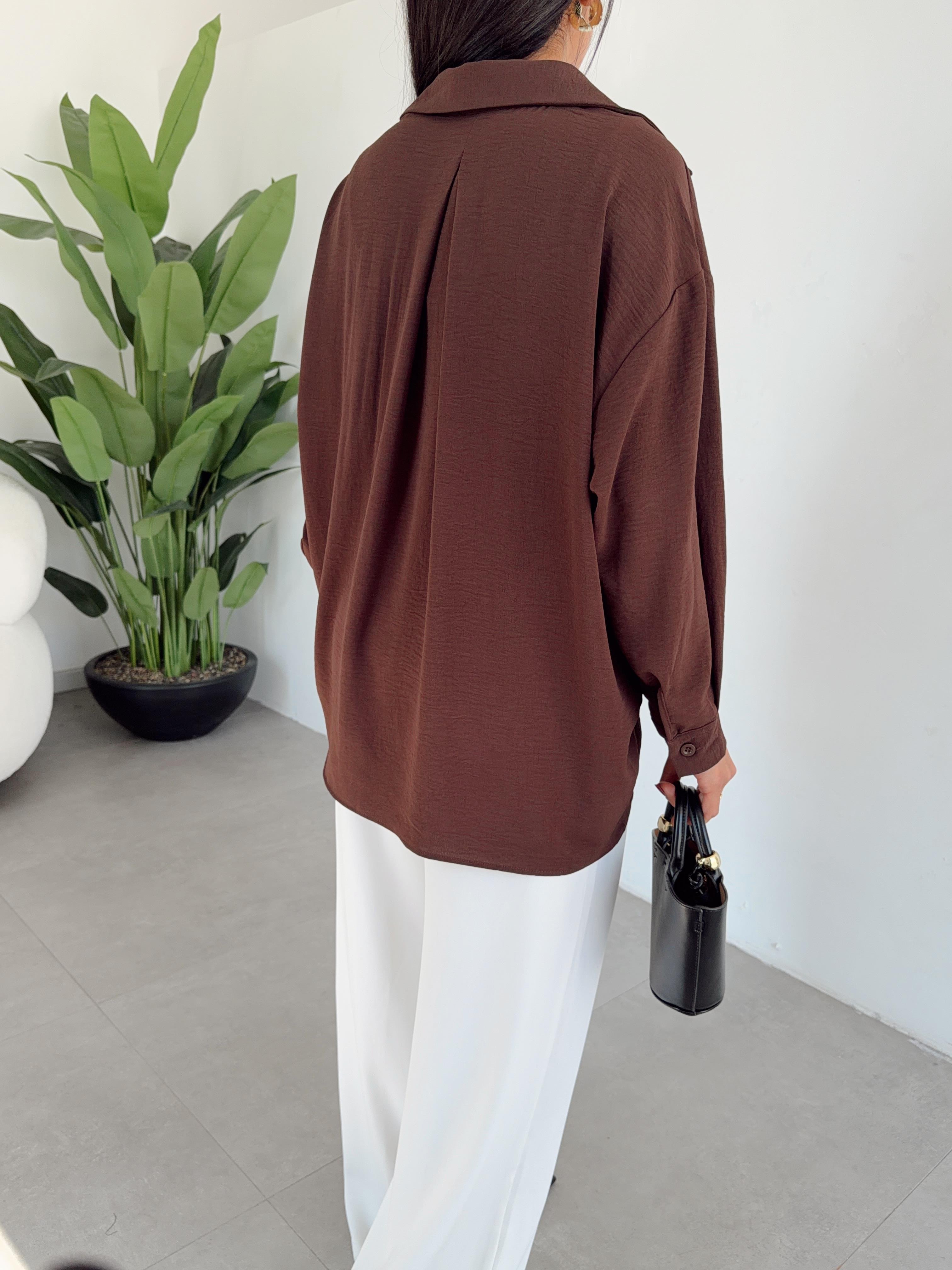 Kahve Ayrobin Cepli Oversize Gömlek