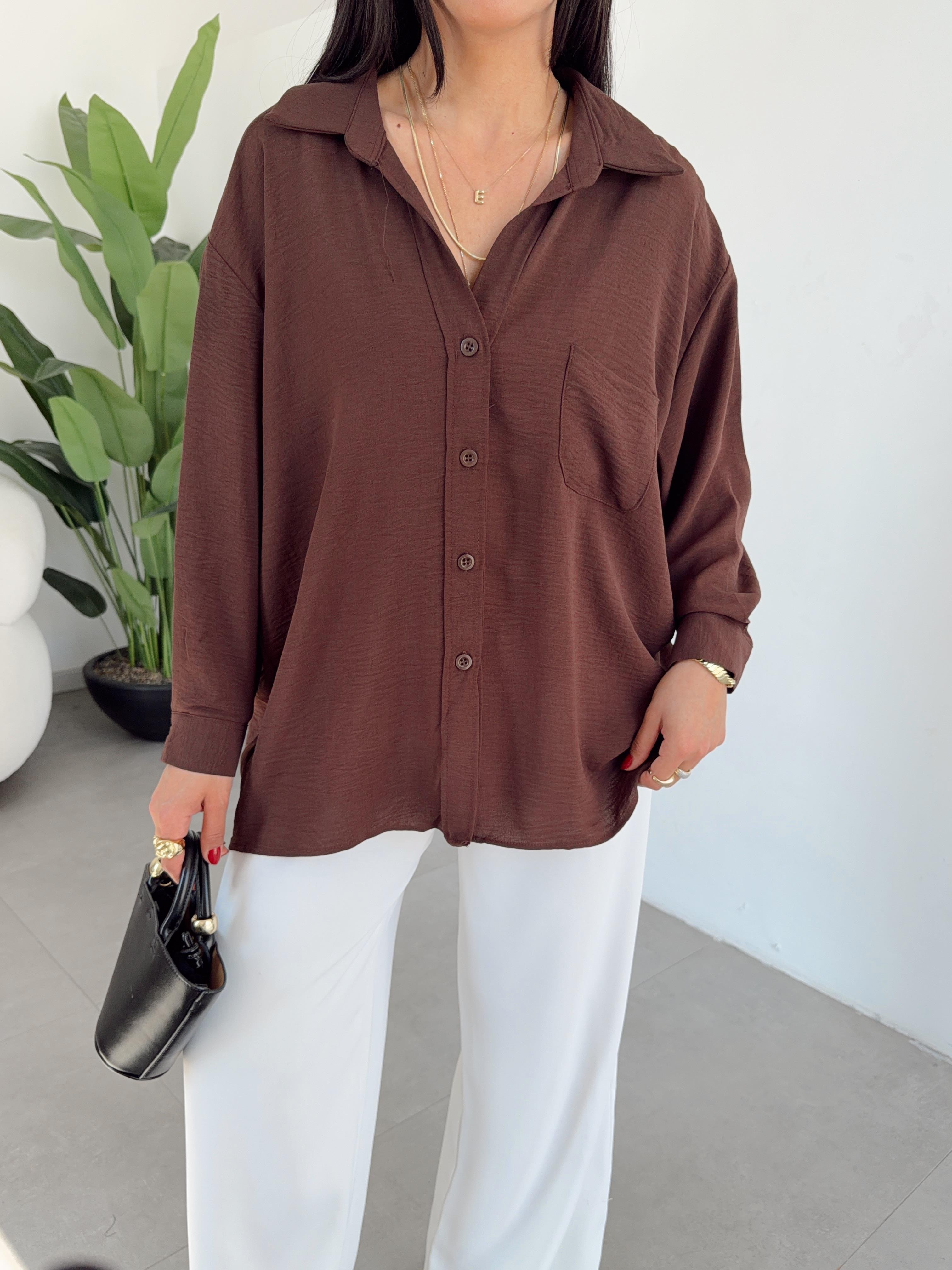 Kahve Ayrobin Cepli Oversize Gömlek