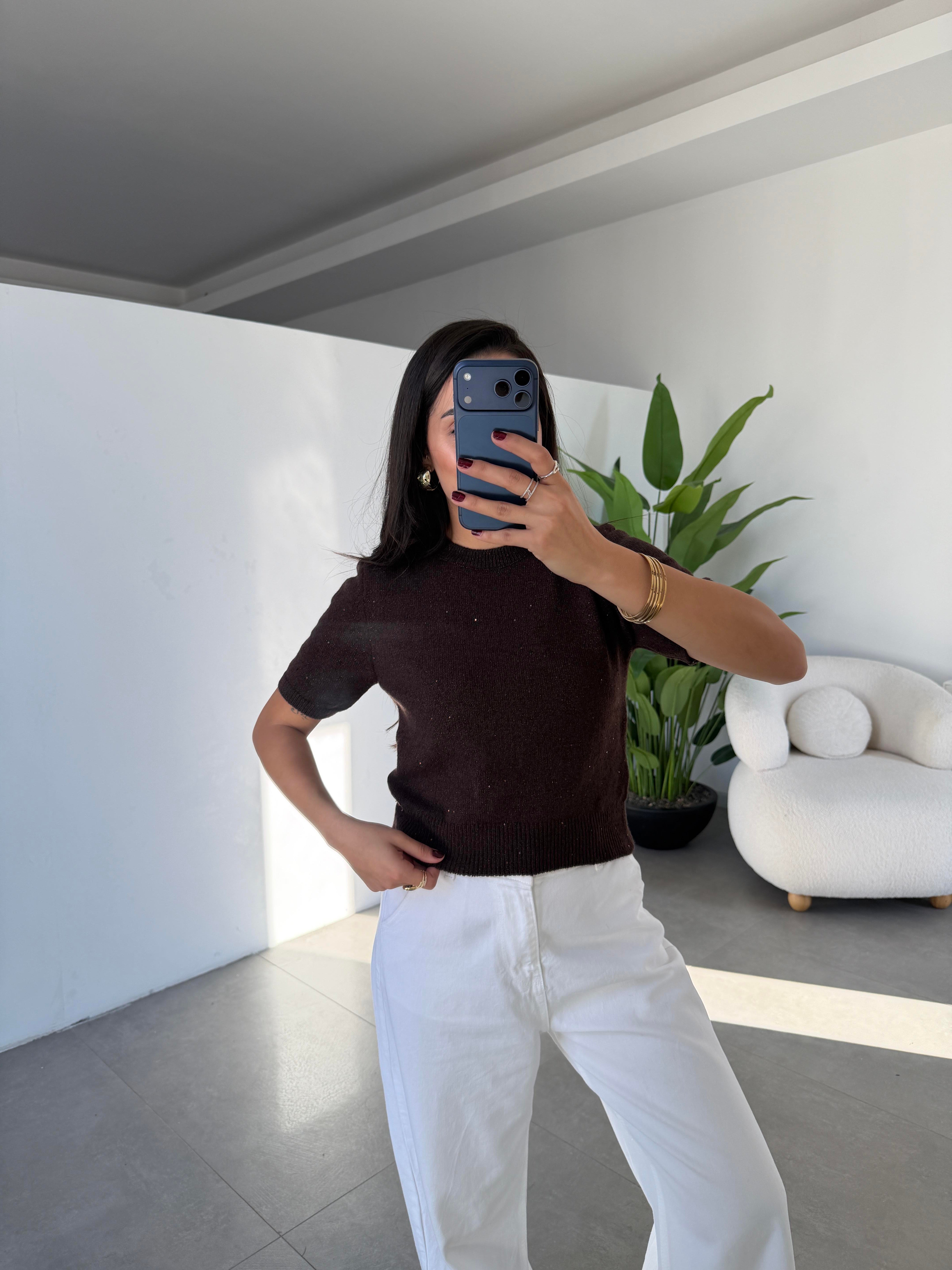 Kahve Bisiklet Yaka Pullu Simli Triko