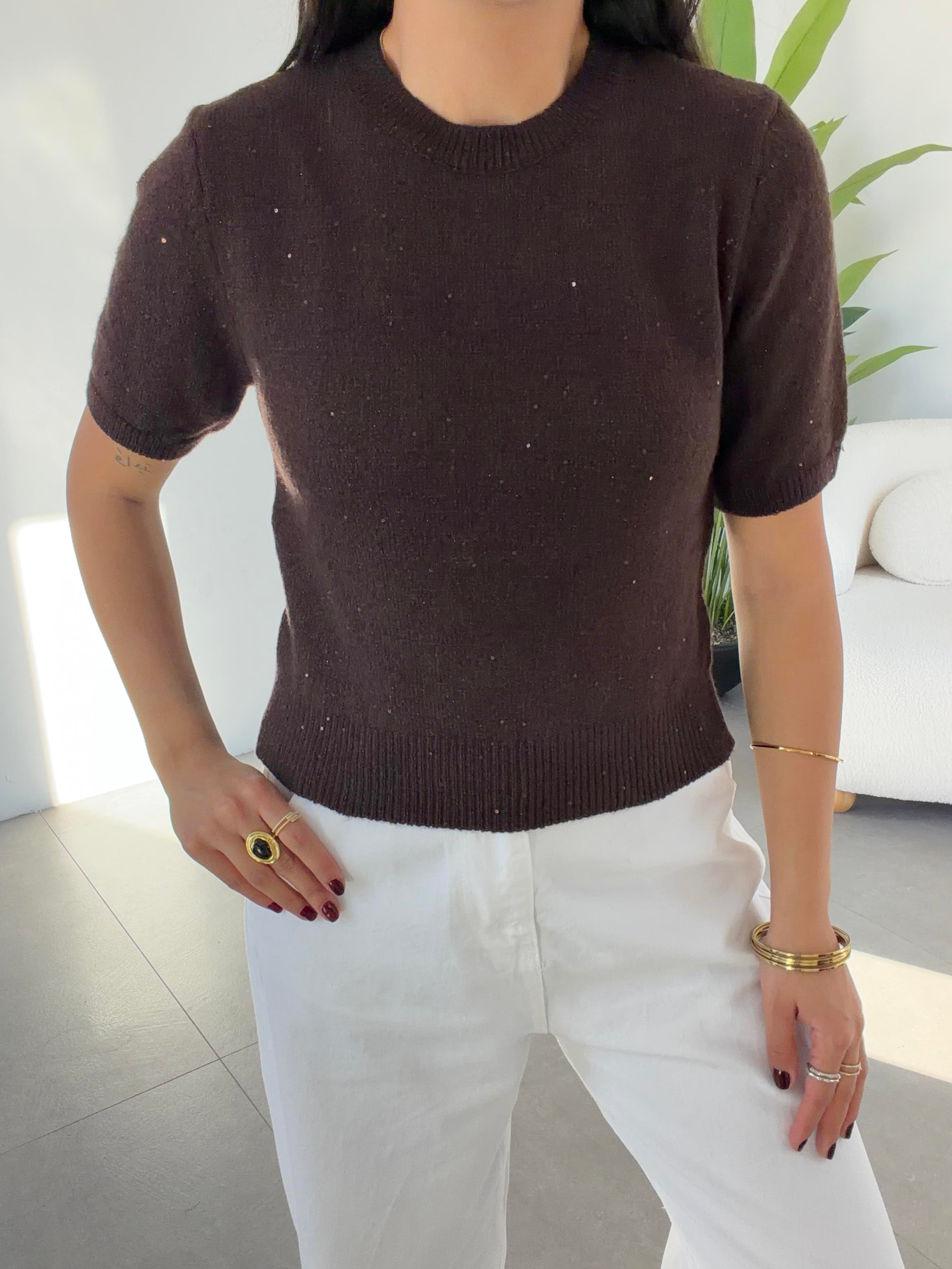 Kahve Bisiklet Yaka Pullu Simli Triko