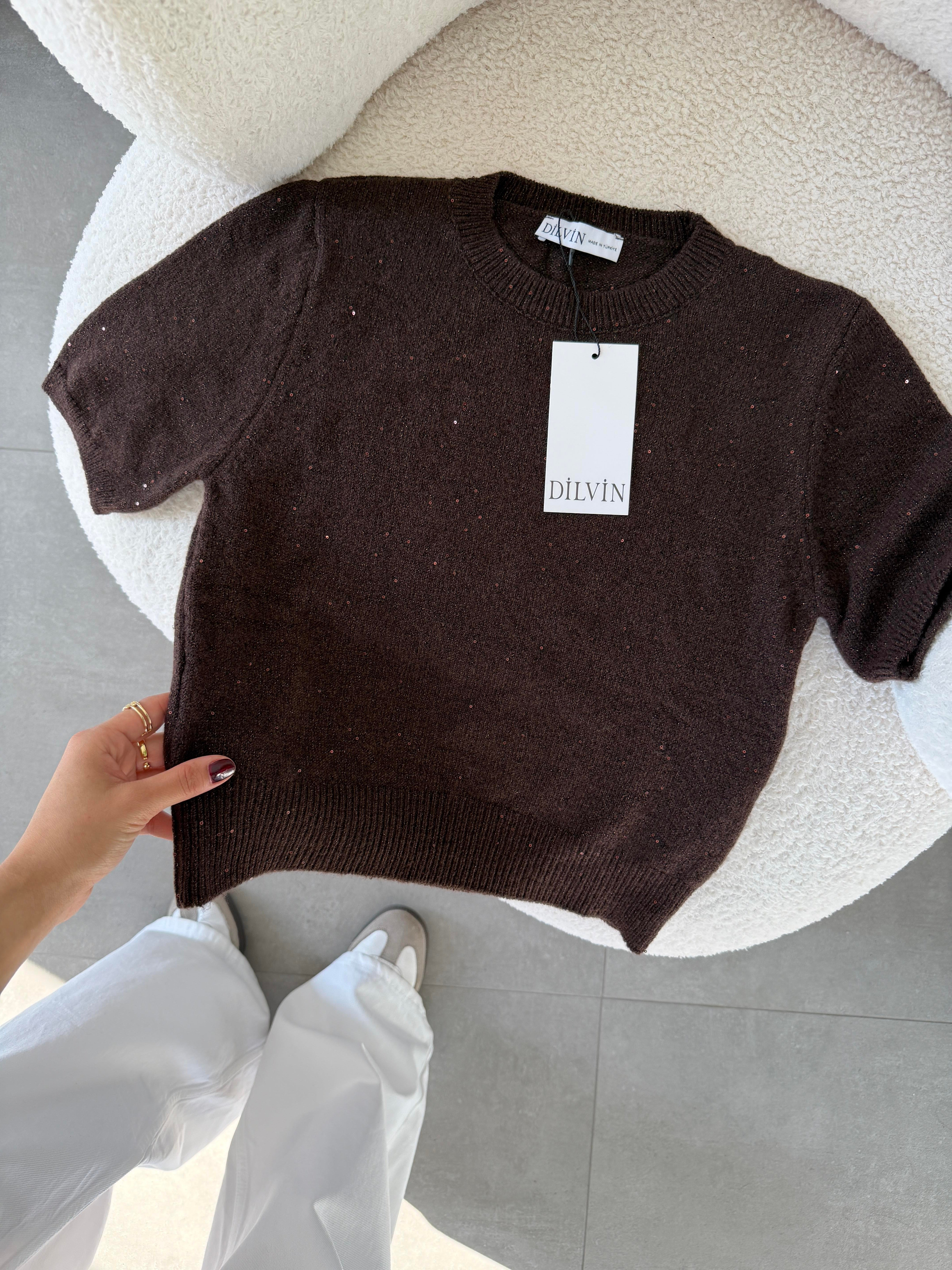 Kahve Bisiklet Yaka Pullu Simli Triko